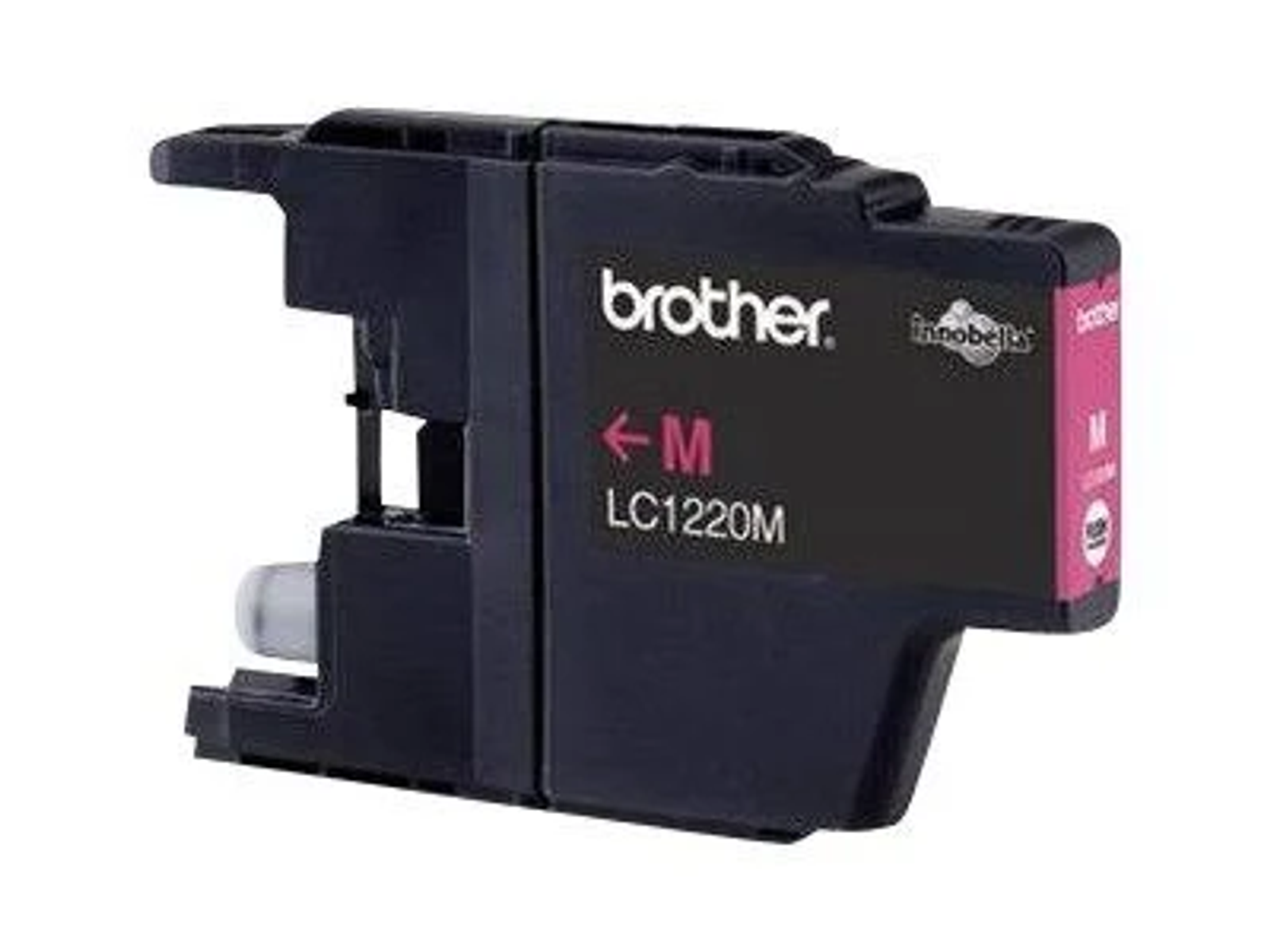 A black Brother LC1220M ink cartridge with magenta ink, labeled with text.