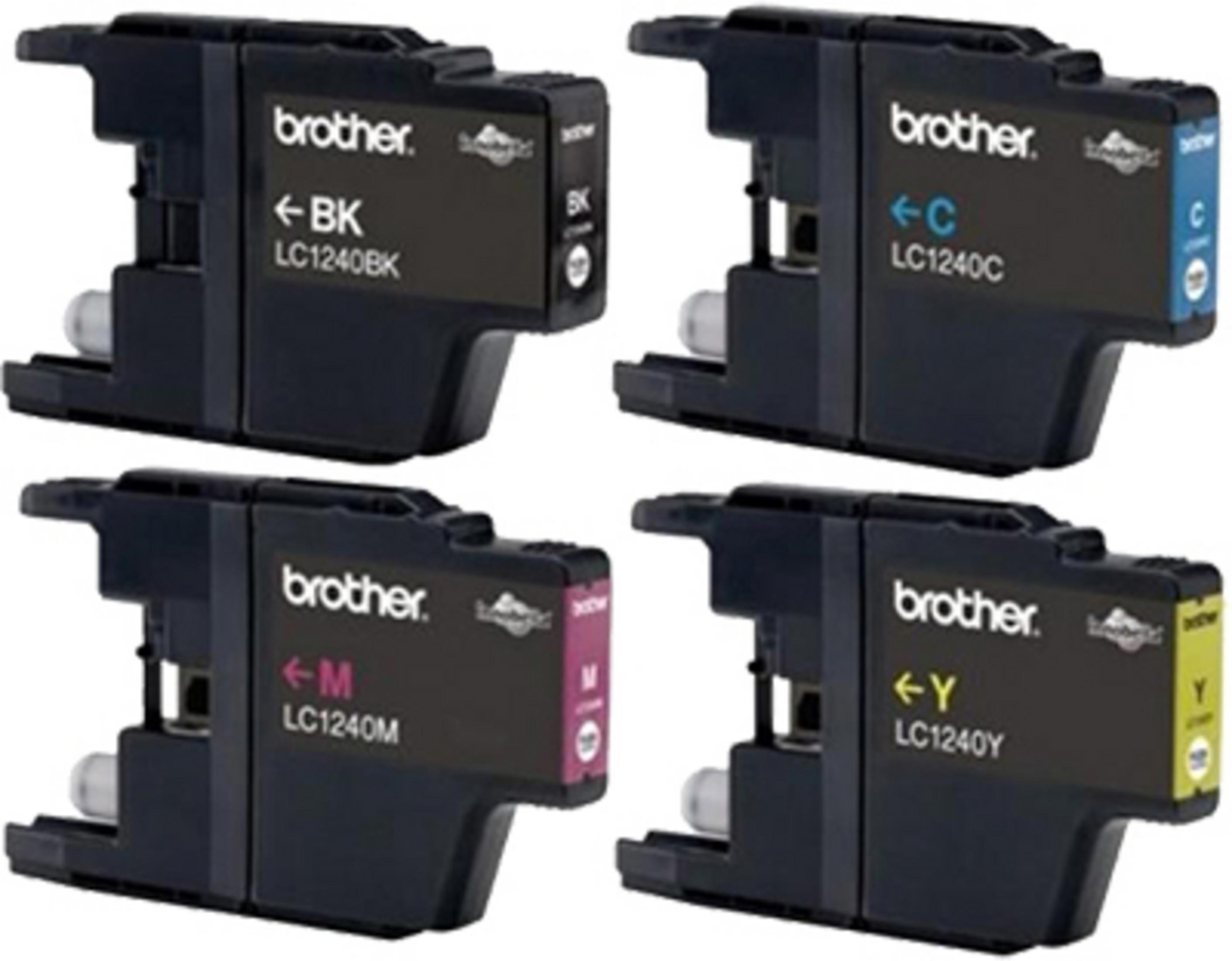 Vier Brother printerinktcartridges: zwart, cyaan, magenta en geel, in een vierkant gerangschikt.