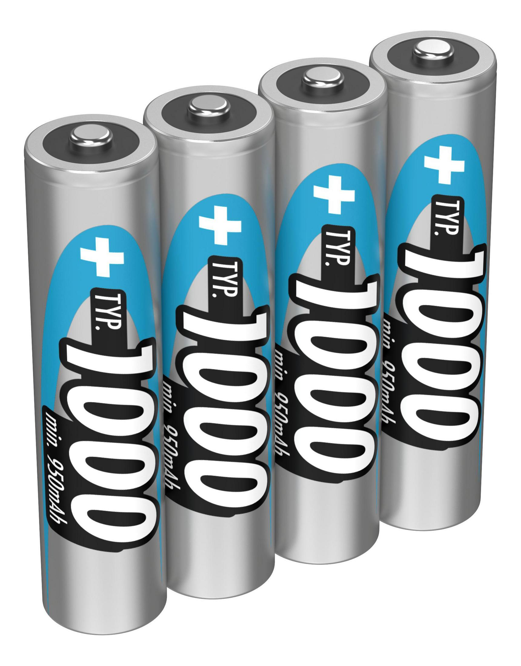 Vier zilveren AA-batterijen met blauw-witte etiketten, plustekens.