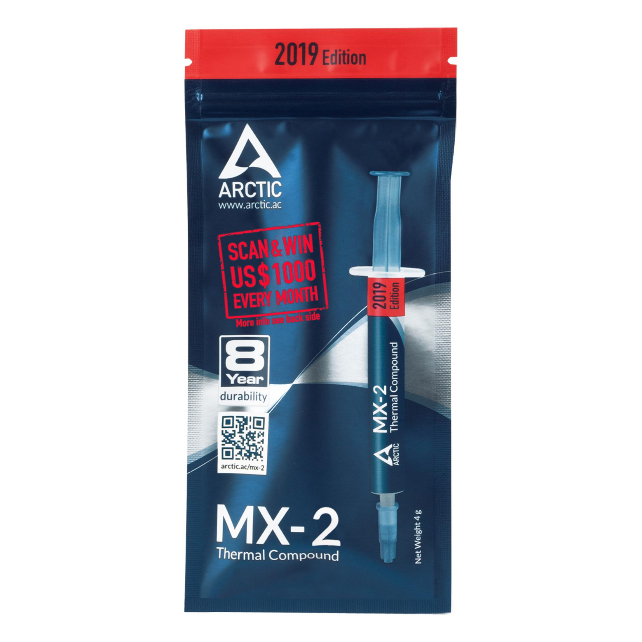 Arctic MX-2 Wärmeleitpaste in einem spritzenartigen Behälter mit rotem und weißem Etikett.
