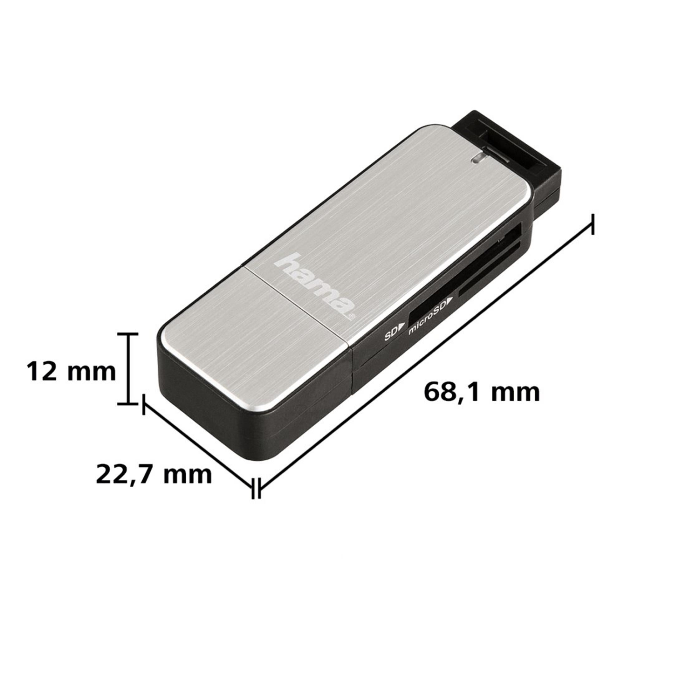 Ein silberner und schwarzer USB-Stick mit Messungen auf weißem Hintergrund.
