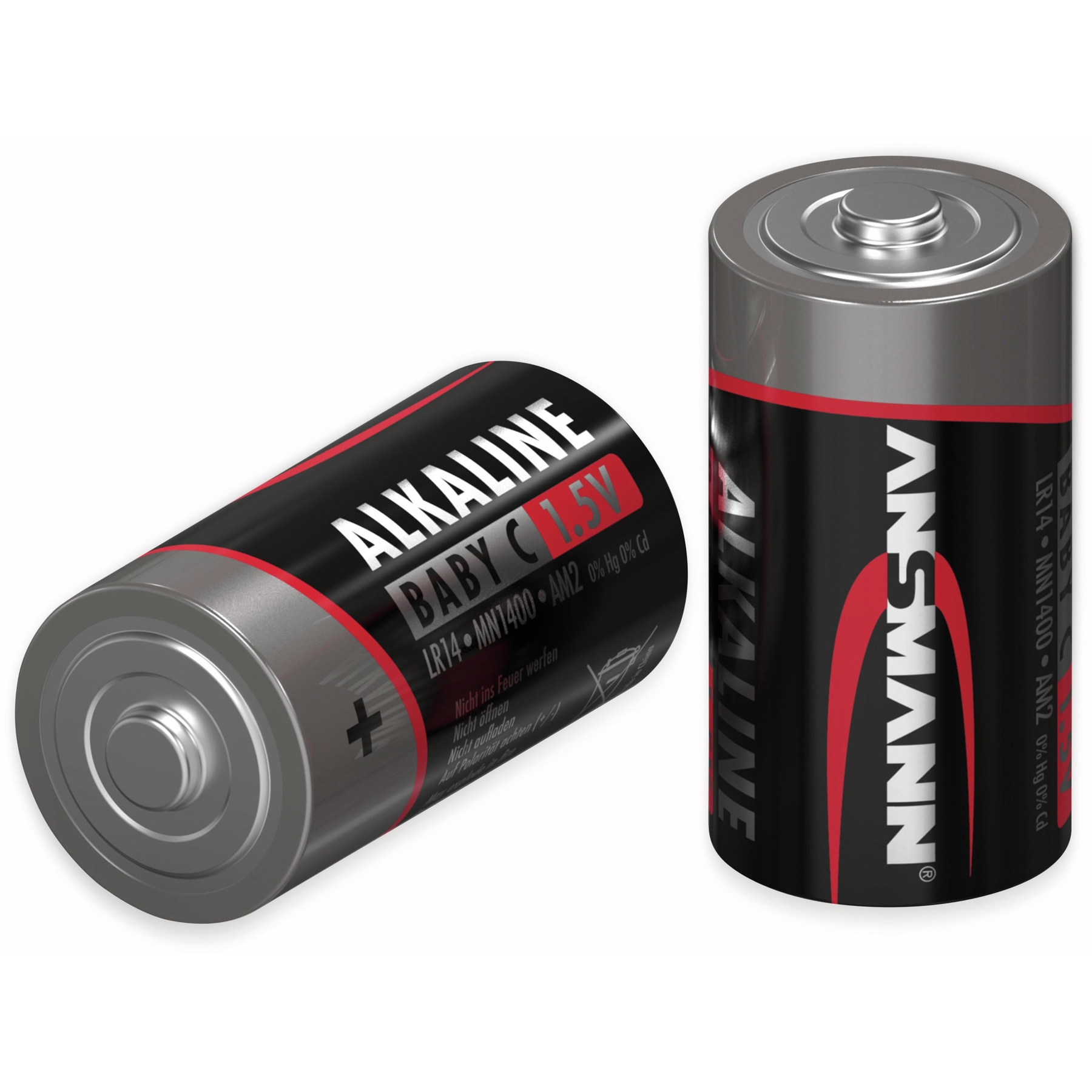 Dwa cylindryczne akumulatory, z etykietą Alkaline Baby C 1.5V, na białym tle.