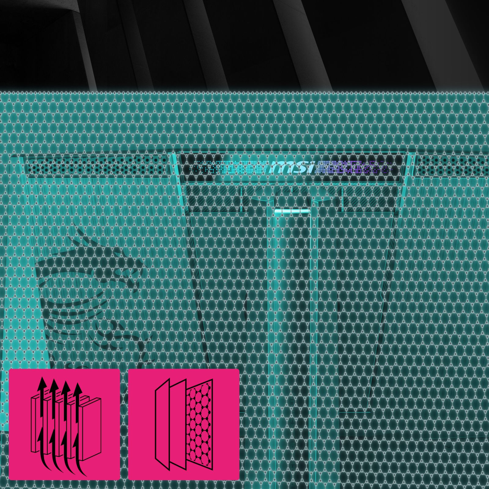 Zbliżenie na laptopa. Ekran pokazuje turkusowe tło z wzorem przypominającym sieć.