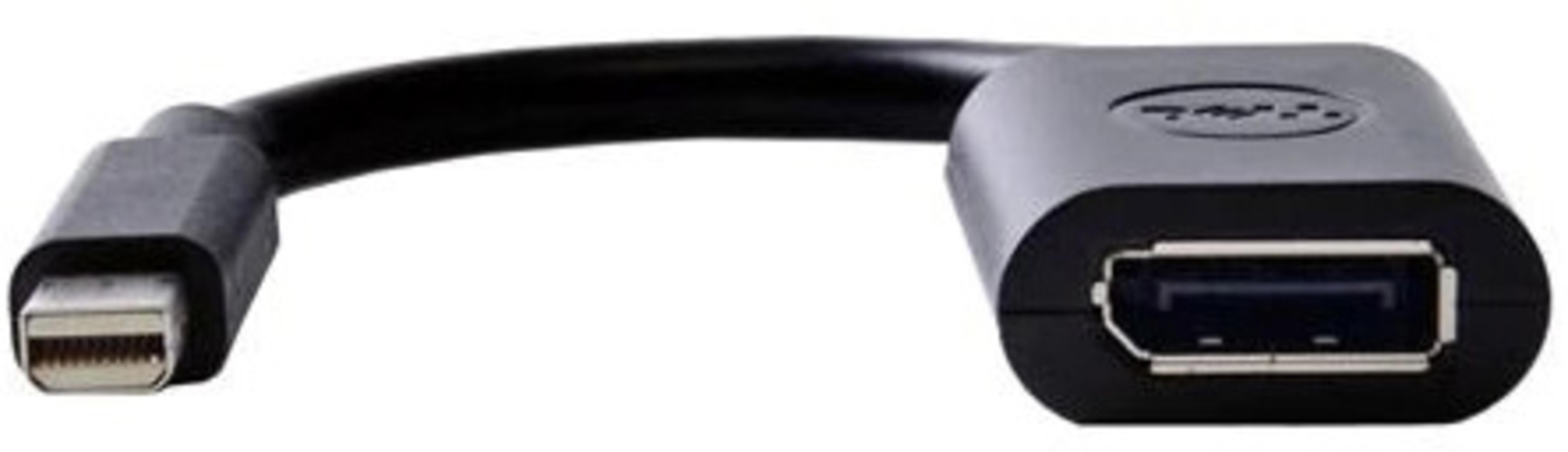 Adattatore nero con connettore Mini DisplayPort e DisplayPort. Sfondo bianco.