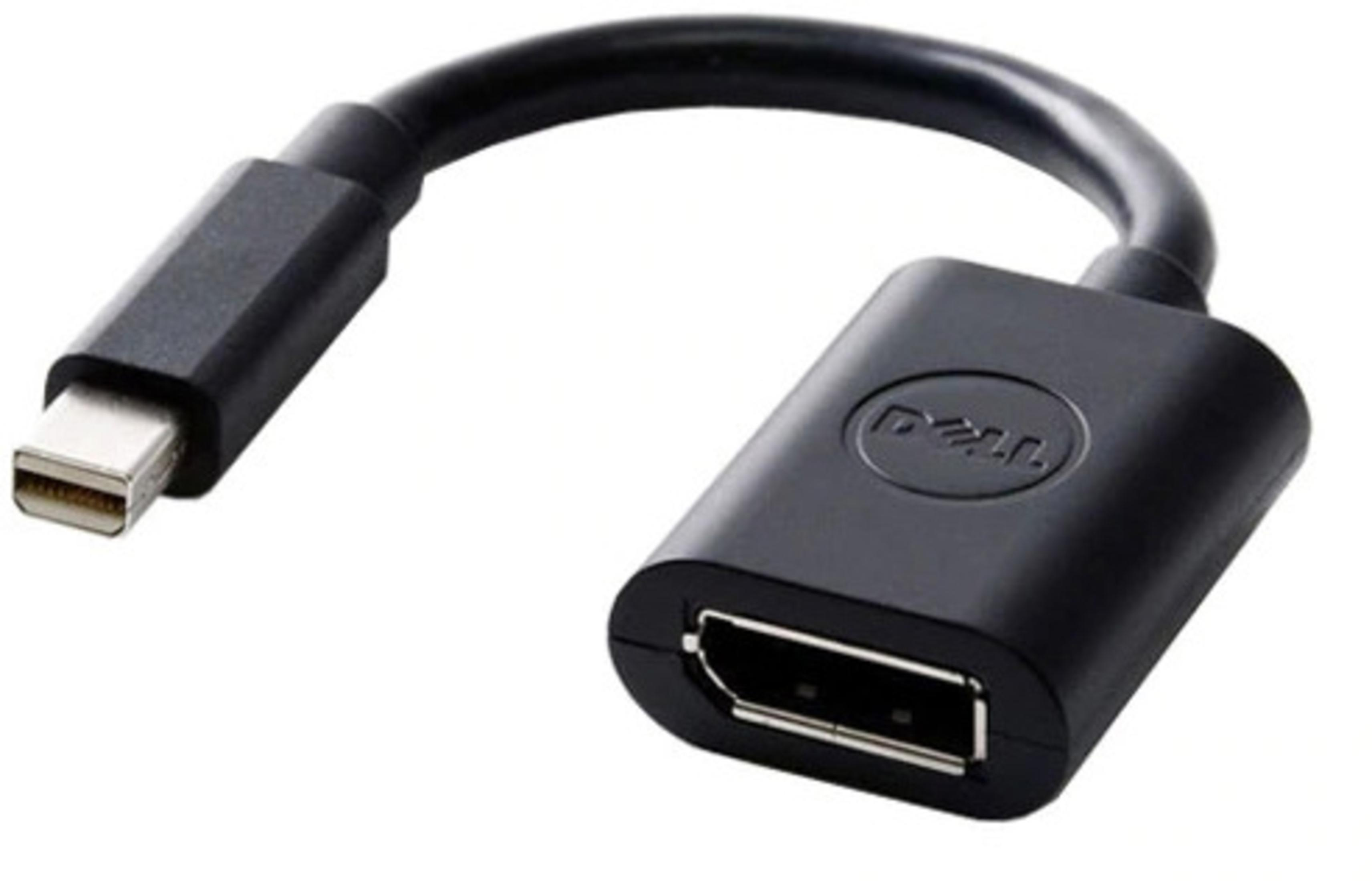 Adattatore Dell nero. Ha un connettore Thunderbolt/Mini DisplayPort e un connettore DisplayPort.