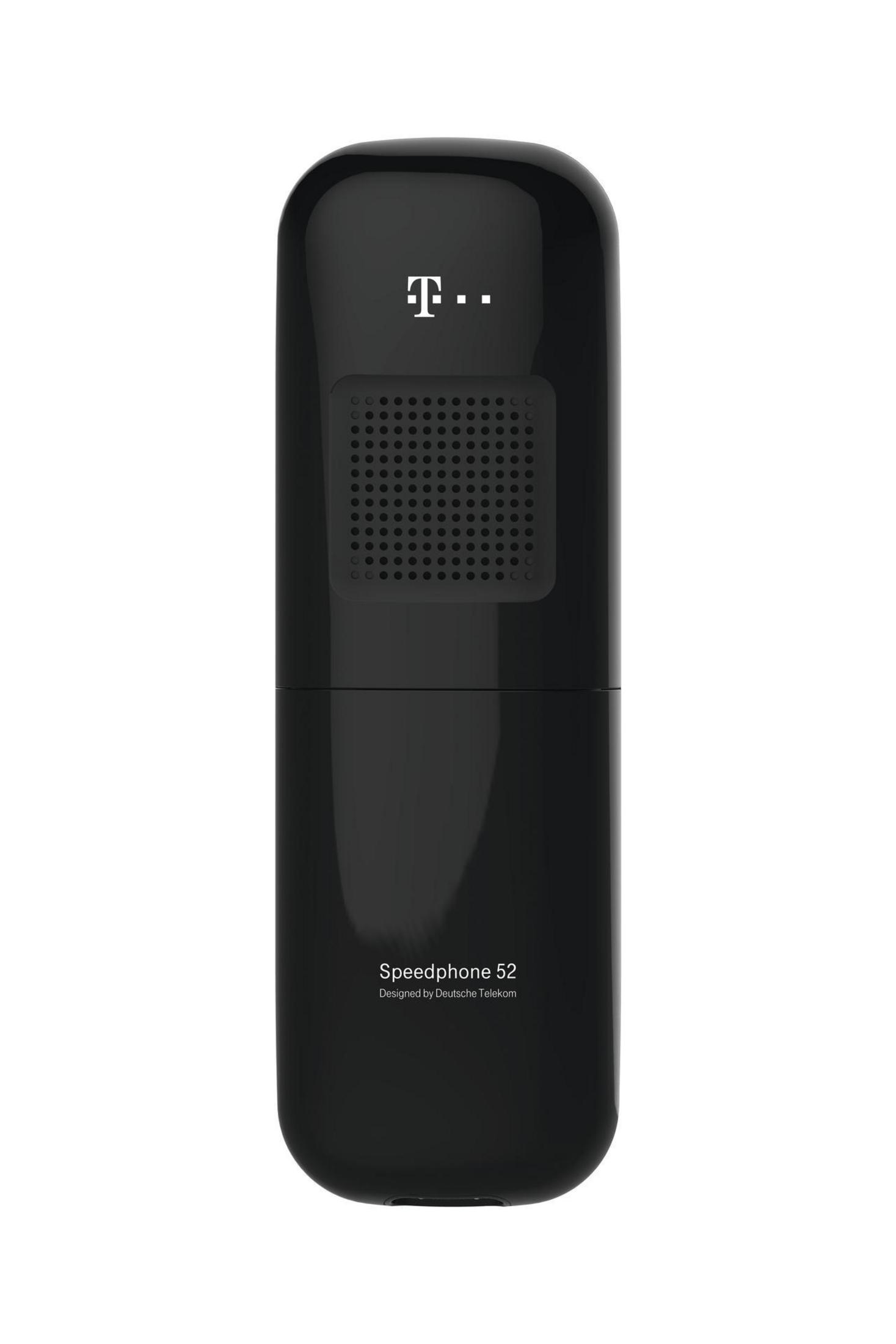 Un téléphone sans fil noir avec le logo 'T..' en haut et 'Speedphone 52' en bas.