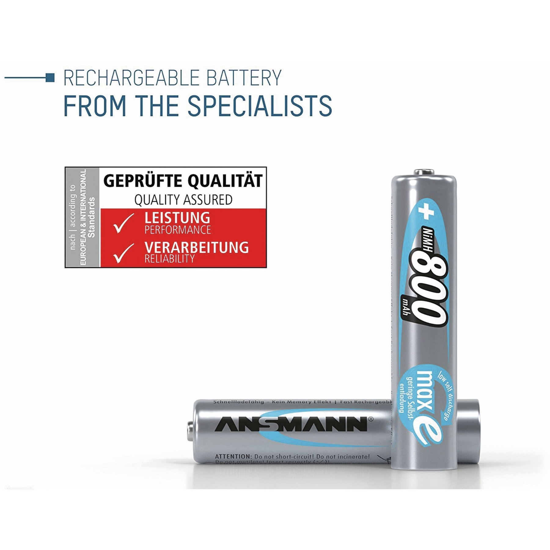 Zwei silberne Ansmann AAA 800mAh Akkus, mit Text und rotem Qualitätslabel.