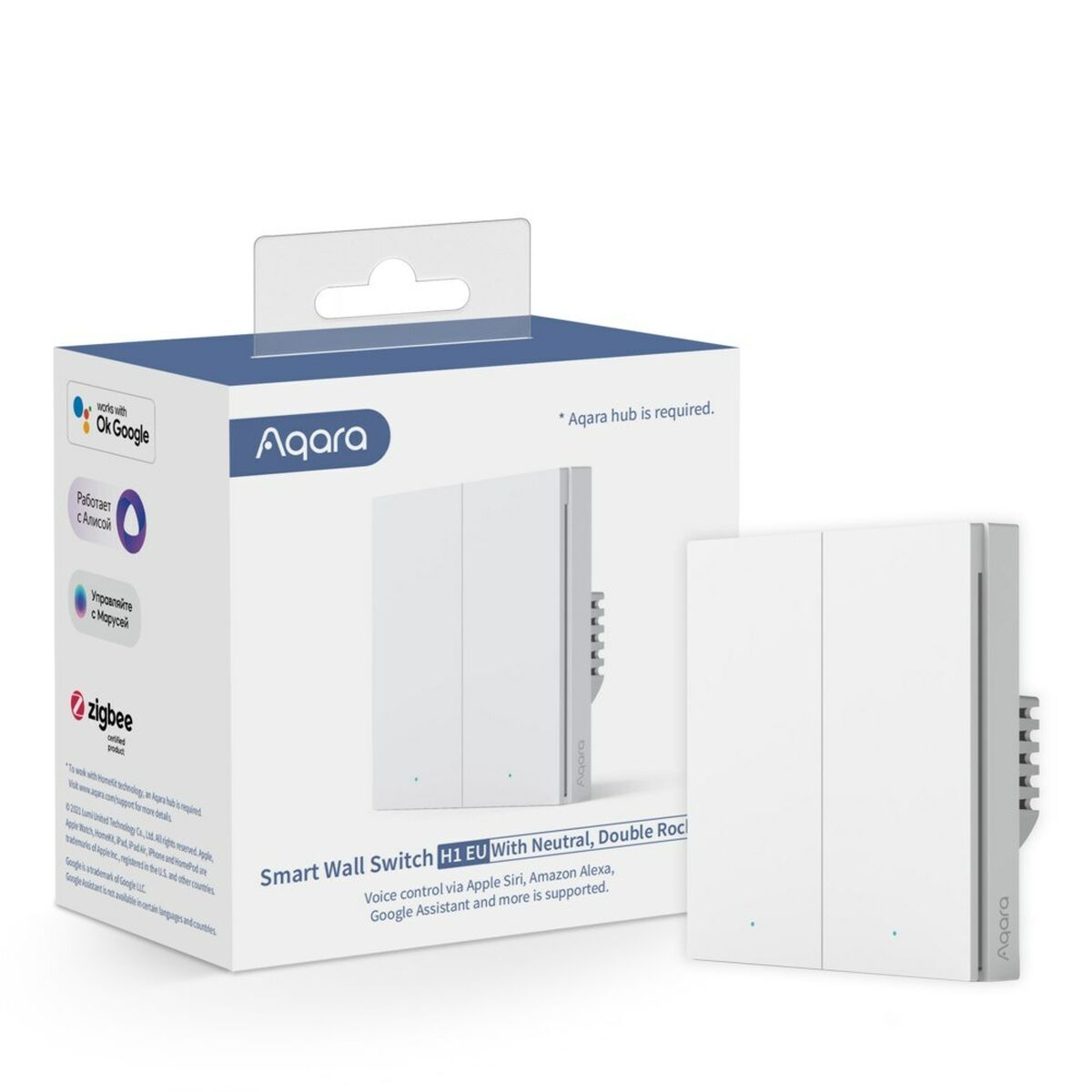 Un interruttore a parete intelligente Aqara bianco con una scatola. La scatola ha testo e un logo Zigbee.