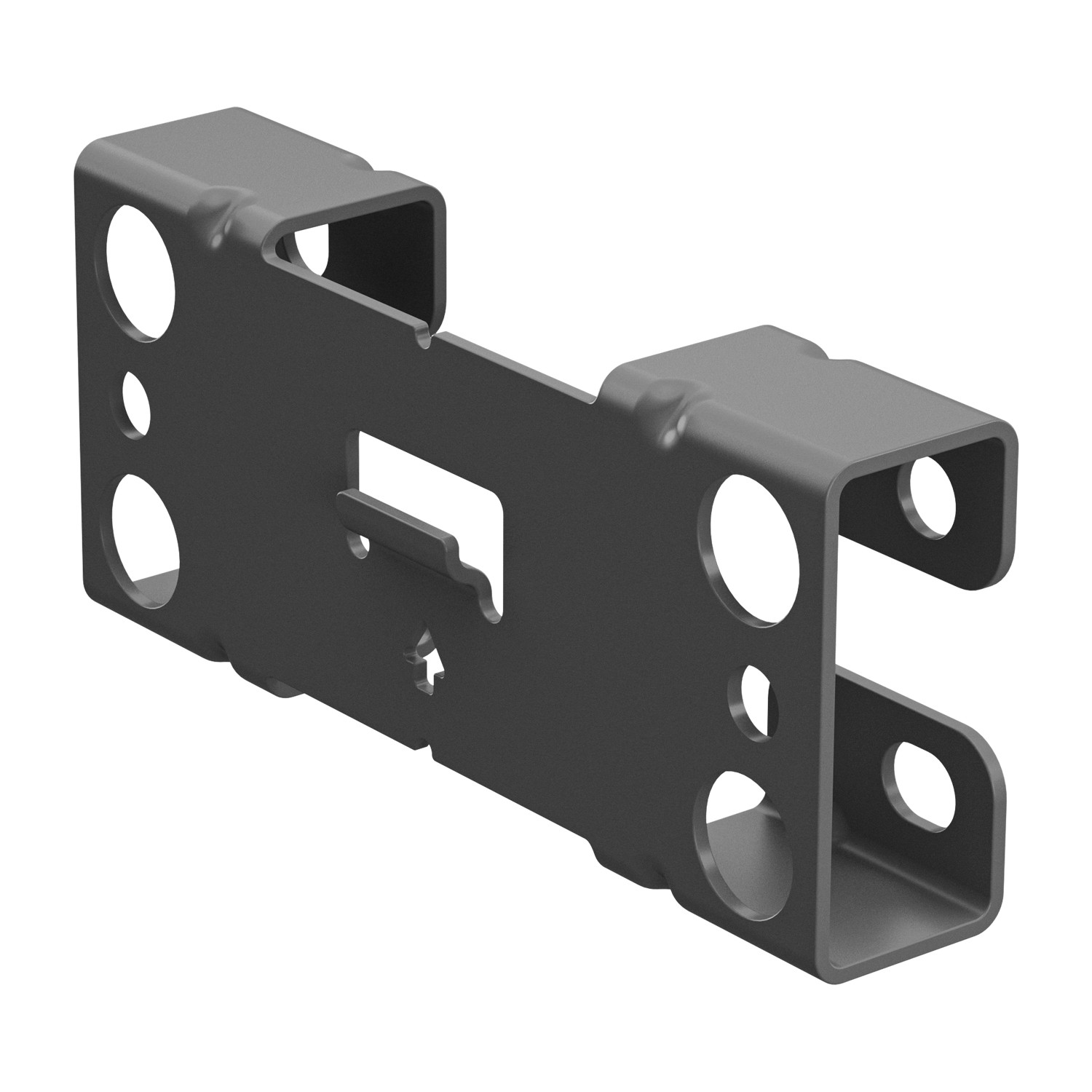 Eine dunkelgraue Metallhalterung mit mehreren Löchern und einer rechteckigen Öffnung.