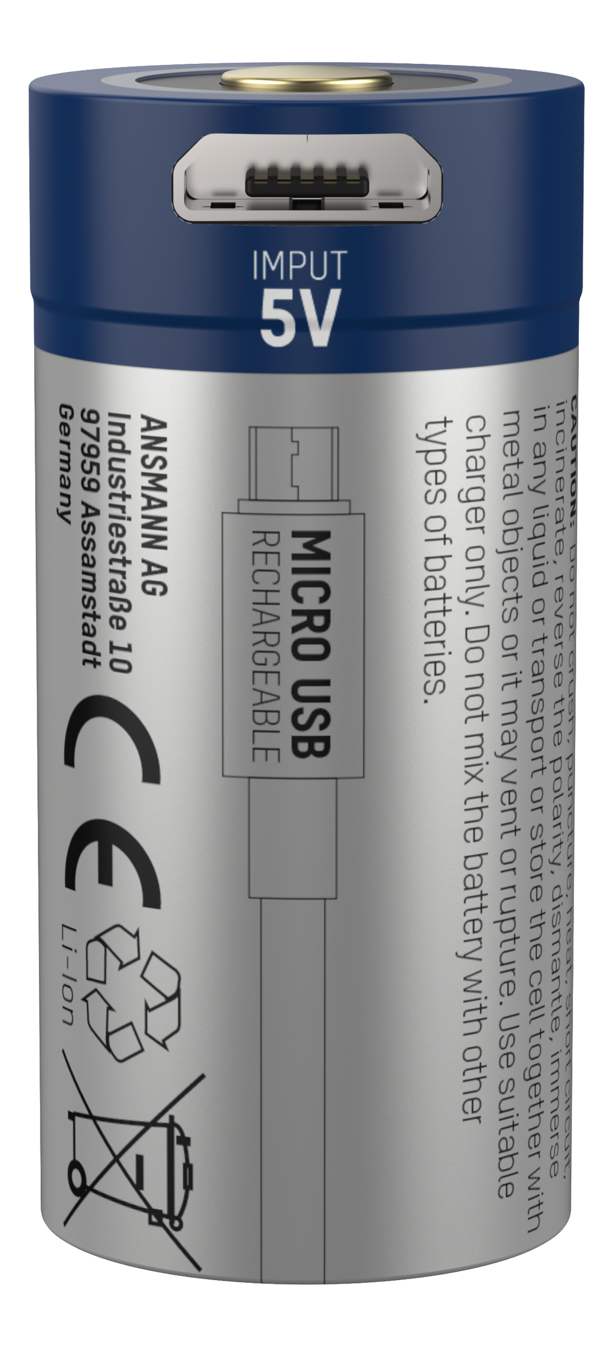 Een cilindrische, oplaadbare batterij met een USB-poort, met het label 'MICRO USB RECHARGEABLE'.
