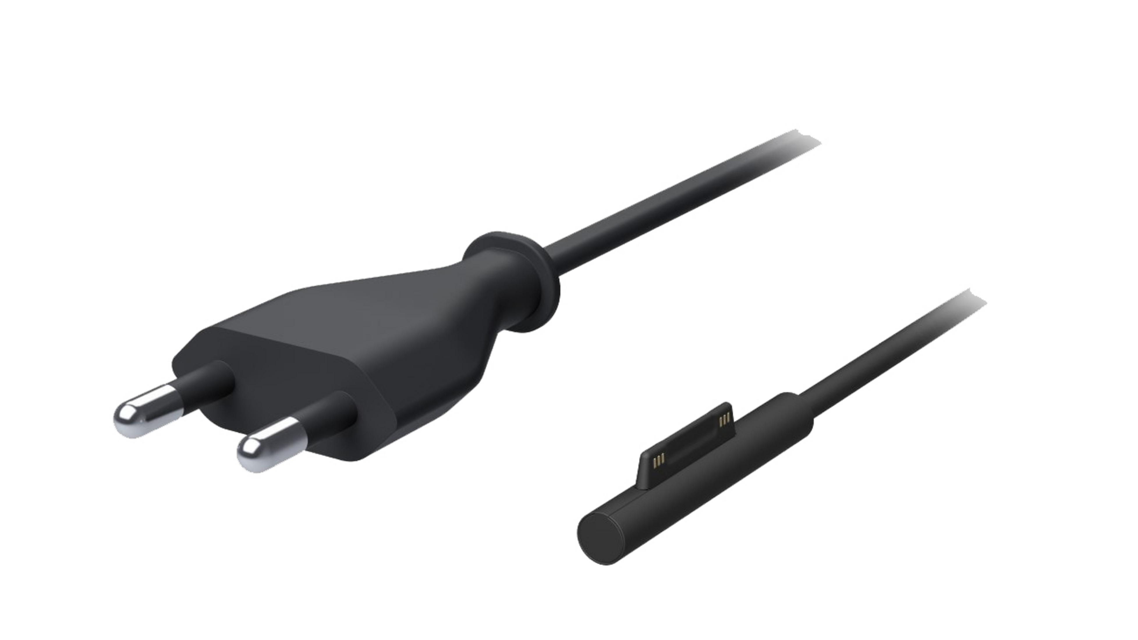 Zwei schwarze Stromkabel. Eines hat einen Eurostecker, das andere einen Magnetanschluss.