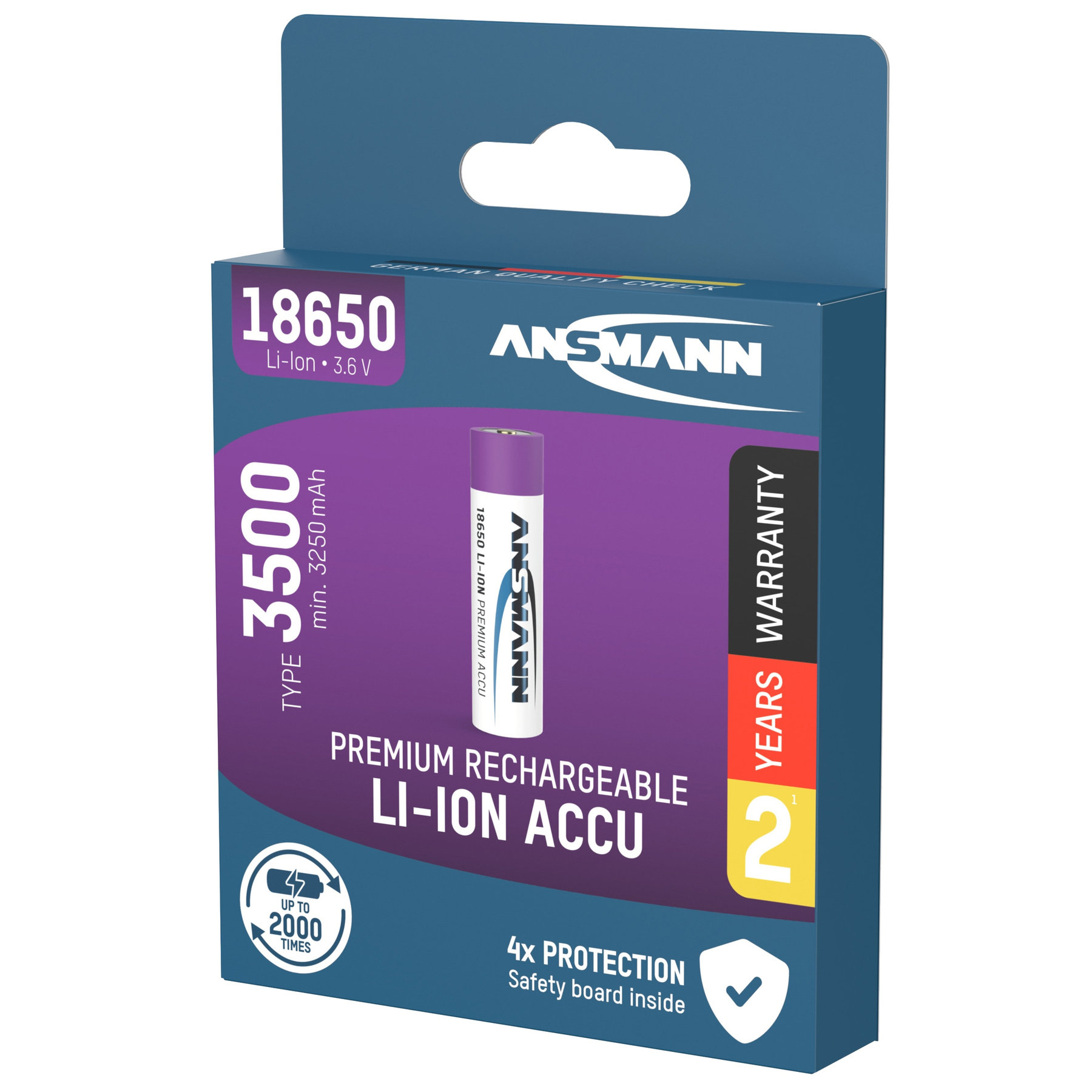 Batterijverpakking met tekst: 18650 Li-ion 3500 mAh. Blauwe en witte verpakking met garantie.
