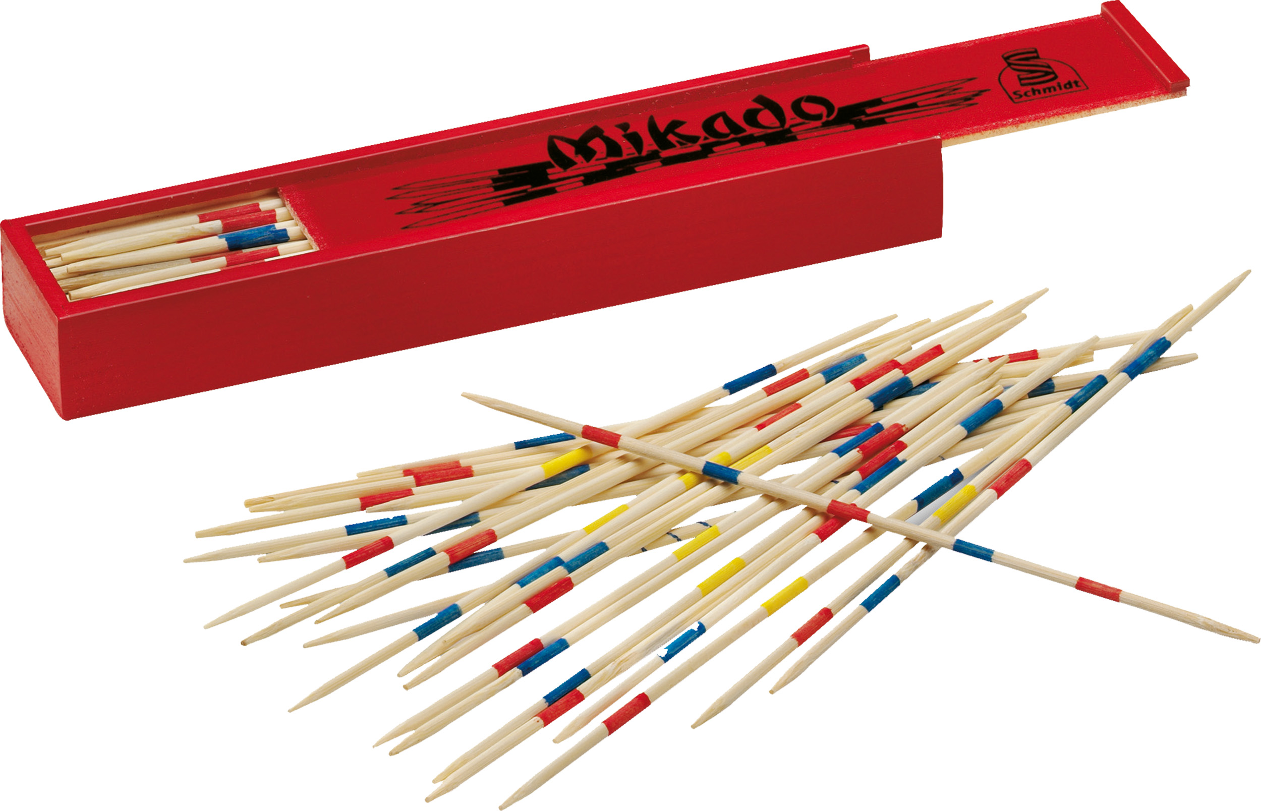 Mikado-Spiel in einer roten Box. Holzstäbe verstreut.