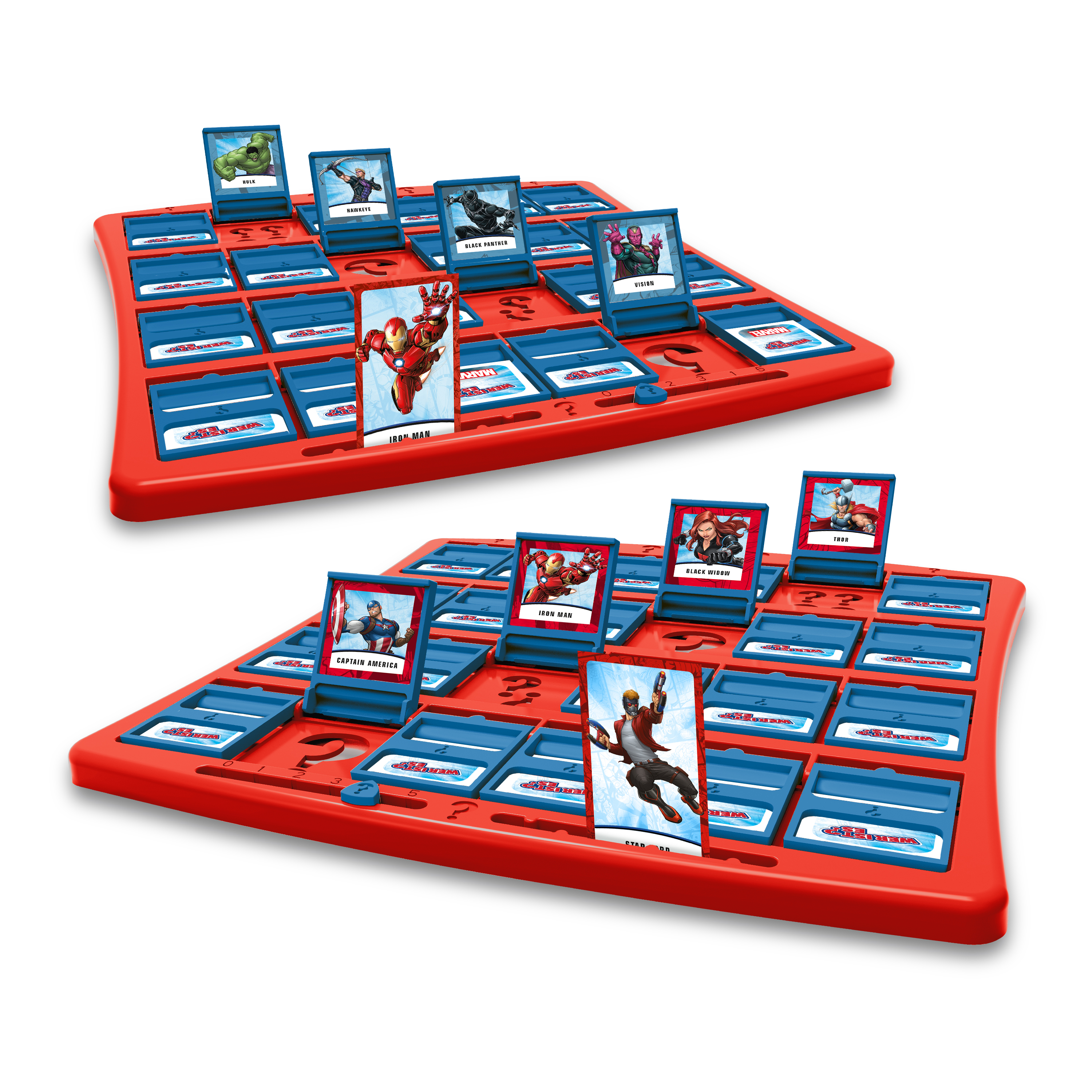 Zwei Guess Who?-Spielbretter mit aufgestellten Charakterkarten.