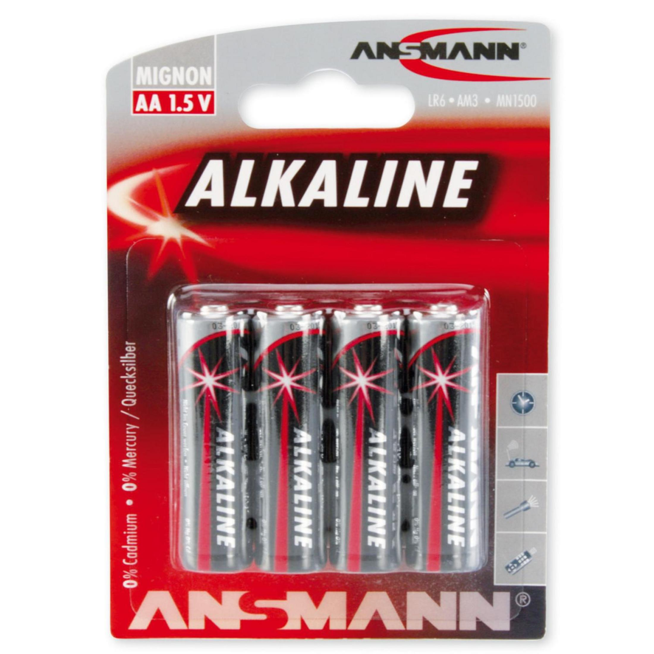 Opakowanie baterii AA. Opakowanie jest czerwono-białe, z widocznymi 4 bateriami.