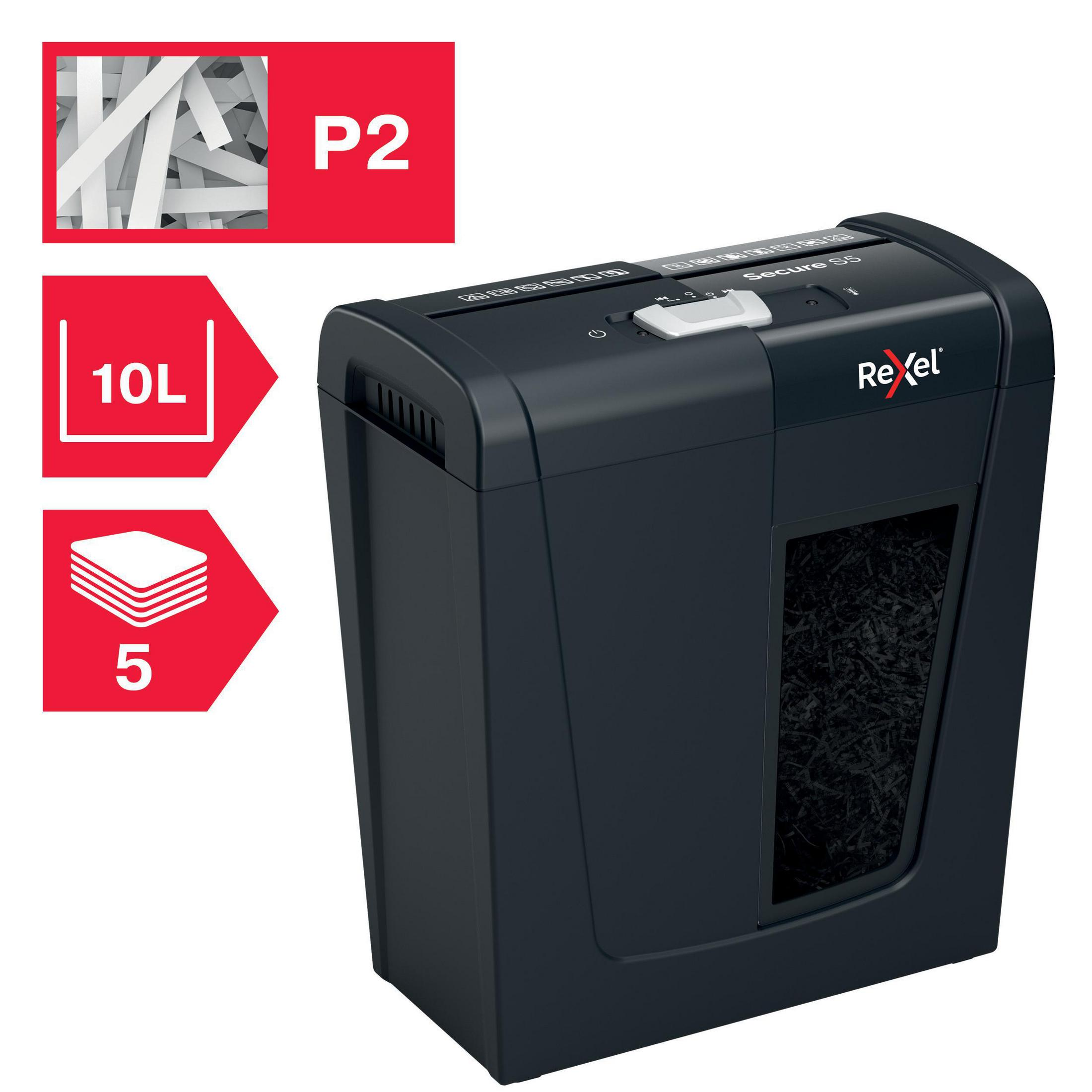 Czarna niszczarka do papieru z pojemnikiem 10L i pojemnością 5 kartek oraz pociętym papierem na górze.