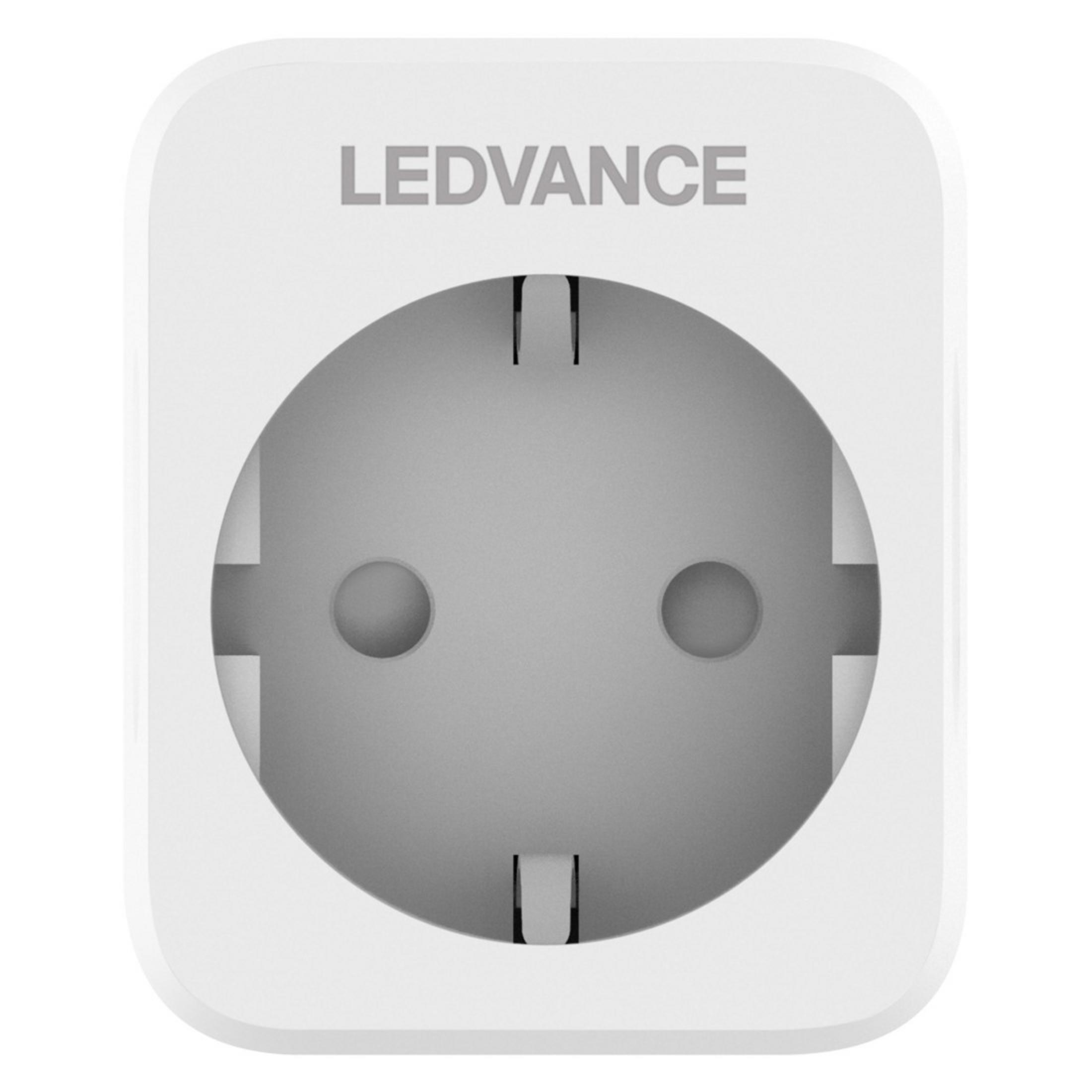 Weißer LEDVANCE Smart-Stecker mit zwei Löchern für Stifte und einem grauen Mittelteil.