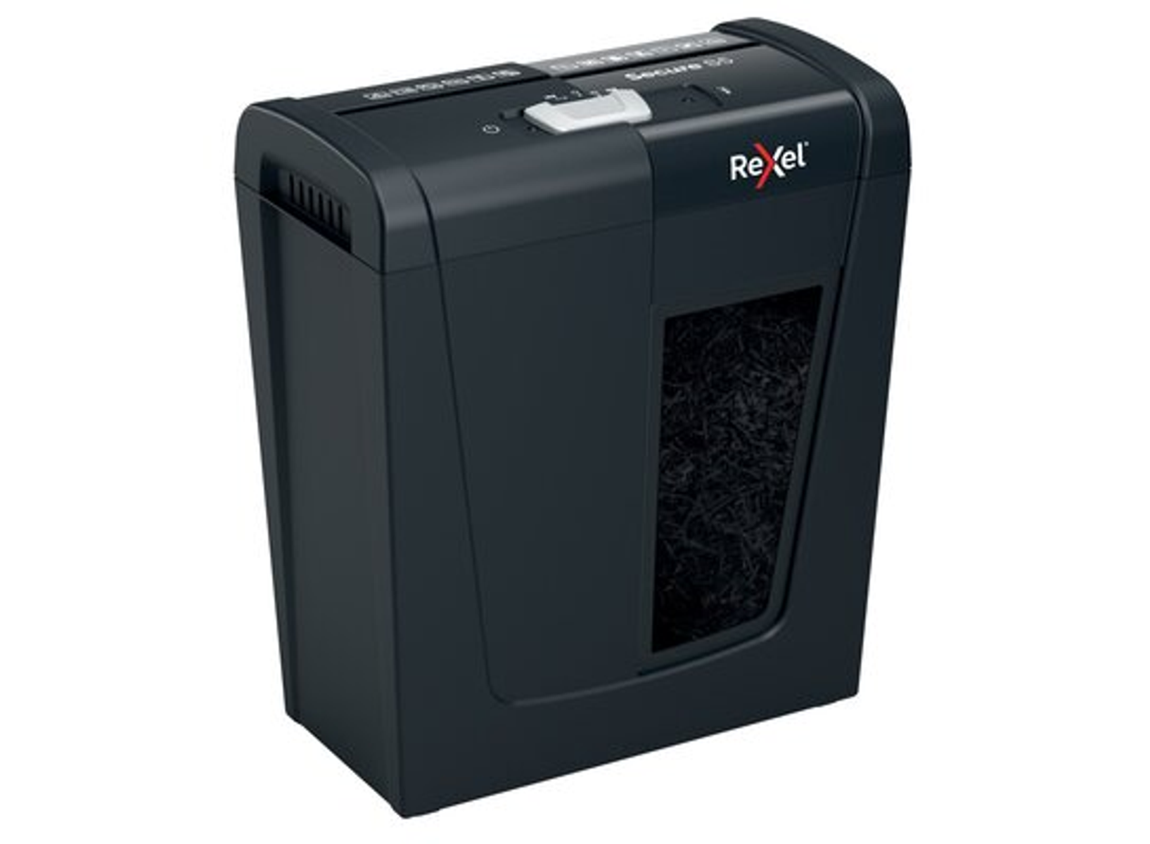 Czarna niszczarka do papieru ze szczeliną. Logo Rexel z przodu, okno na odpady.