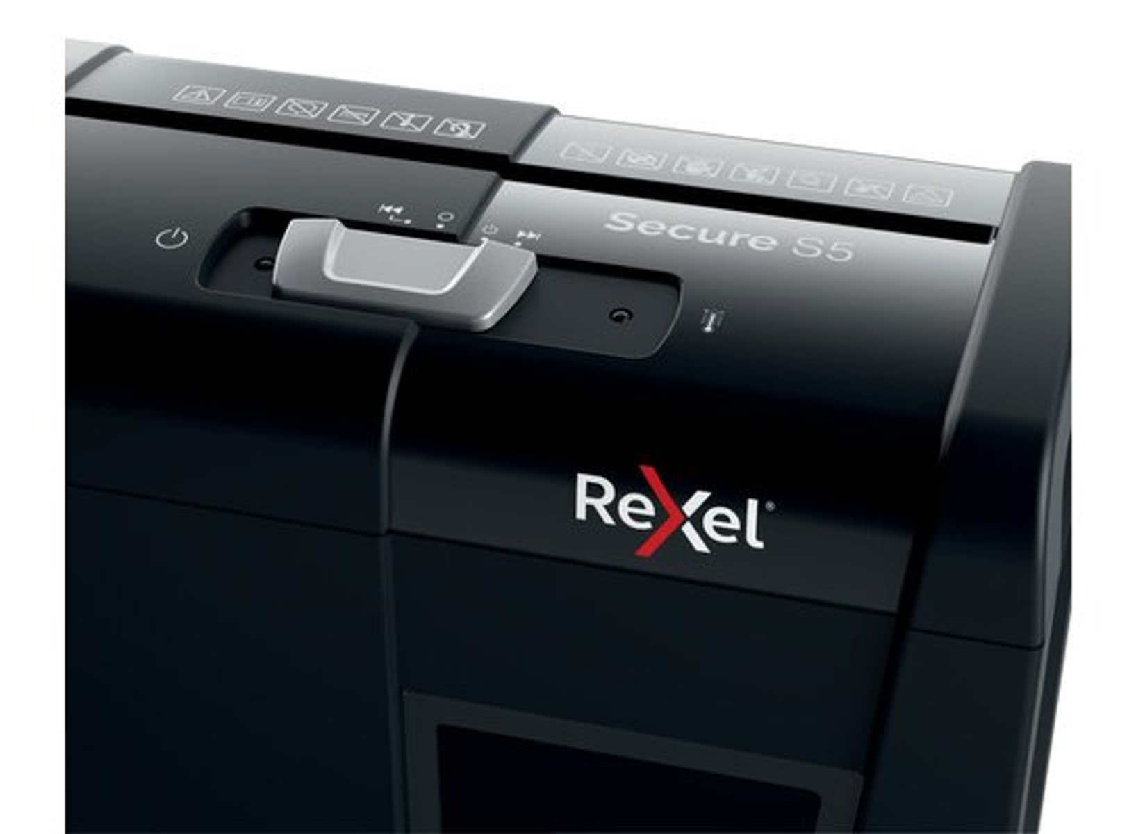 Czarna niszczarka do papieru z widoczną marką 'Rexel'. Panel sterowania znajduje się na górze.