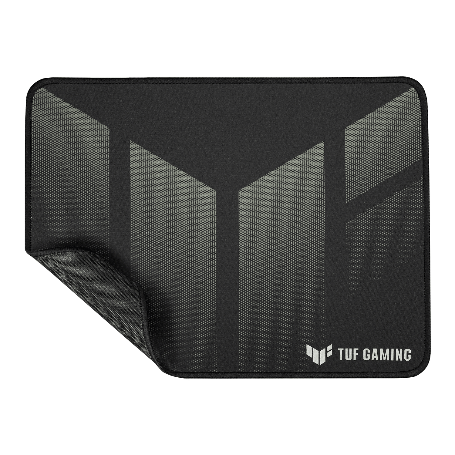 Czarna podkładka pod mysz z szarym geometrycznym wzorem i logo 'TUF GAMING', część zawinięta.