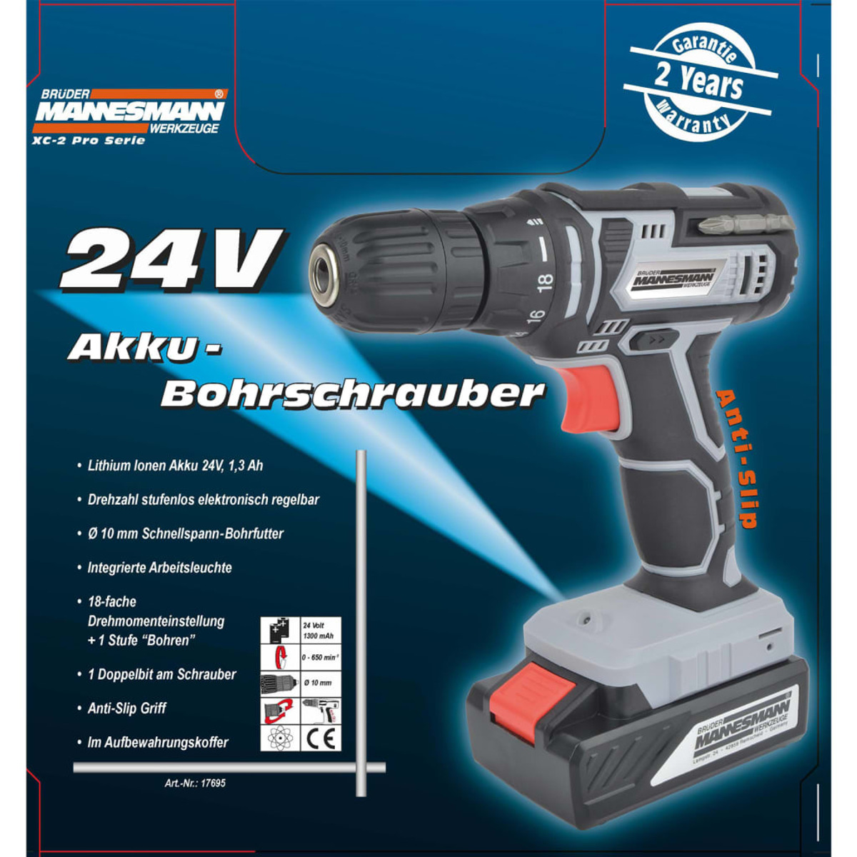 Trapano avvitatore a batteria con batteria da 24 V e testo. Le caratteristiche includono 18 velocità e impugnatura antiscivolo.