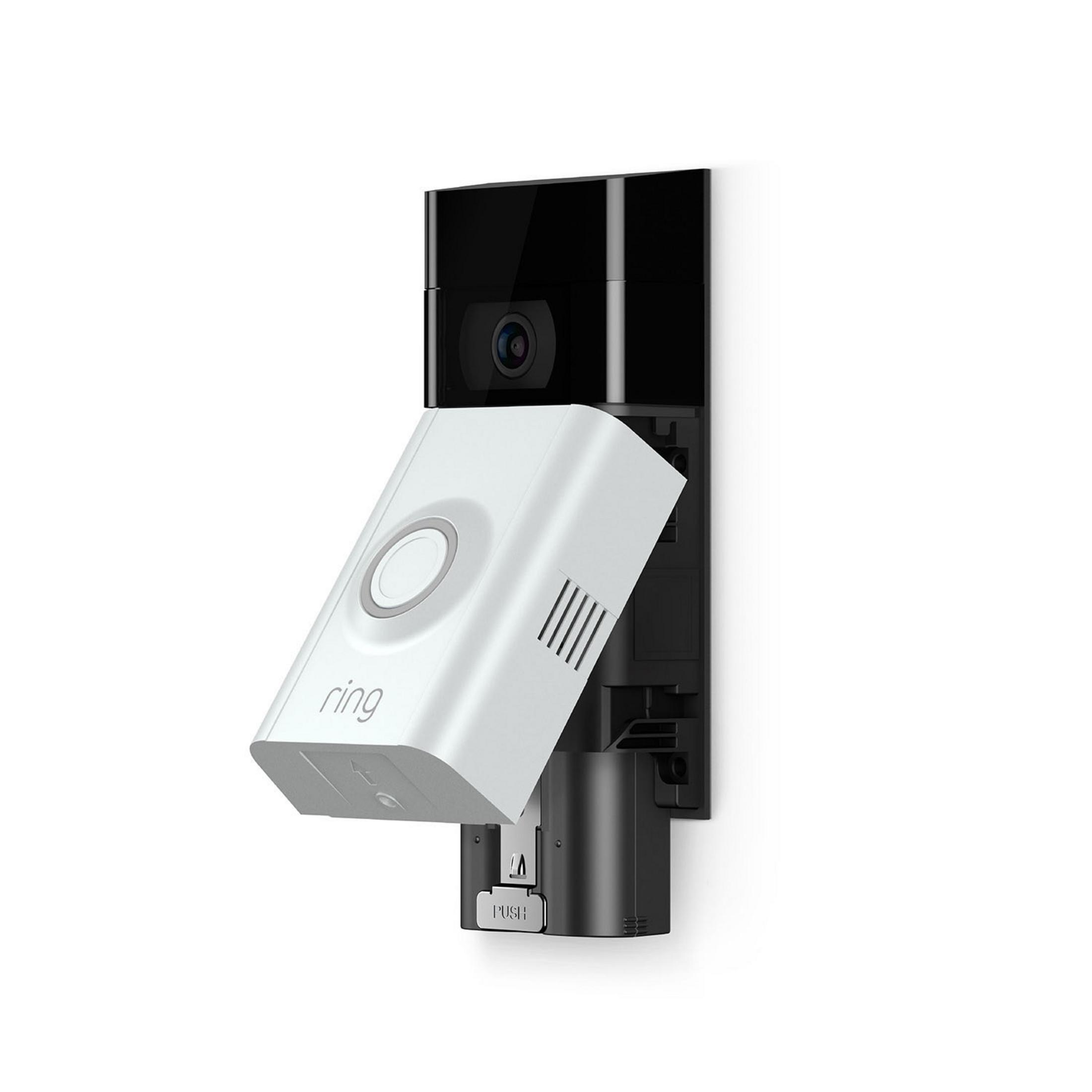 Videocitofono Ring bianco montato a parete, con sezione telecamera nera in alto.