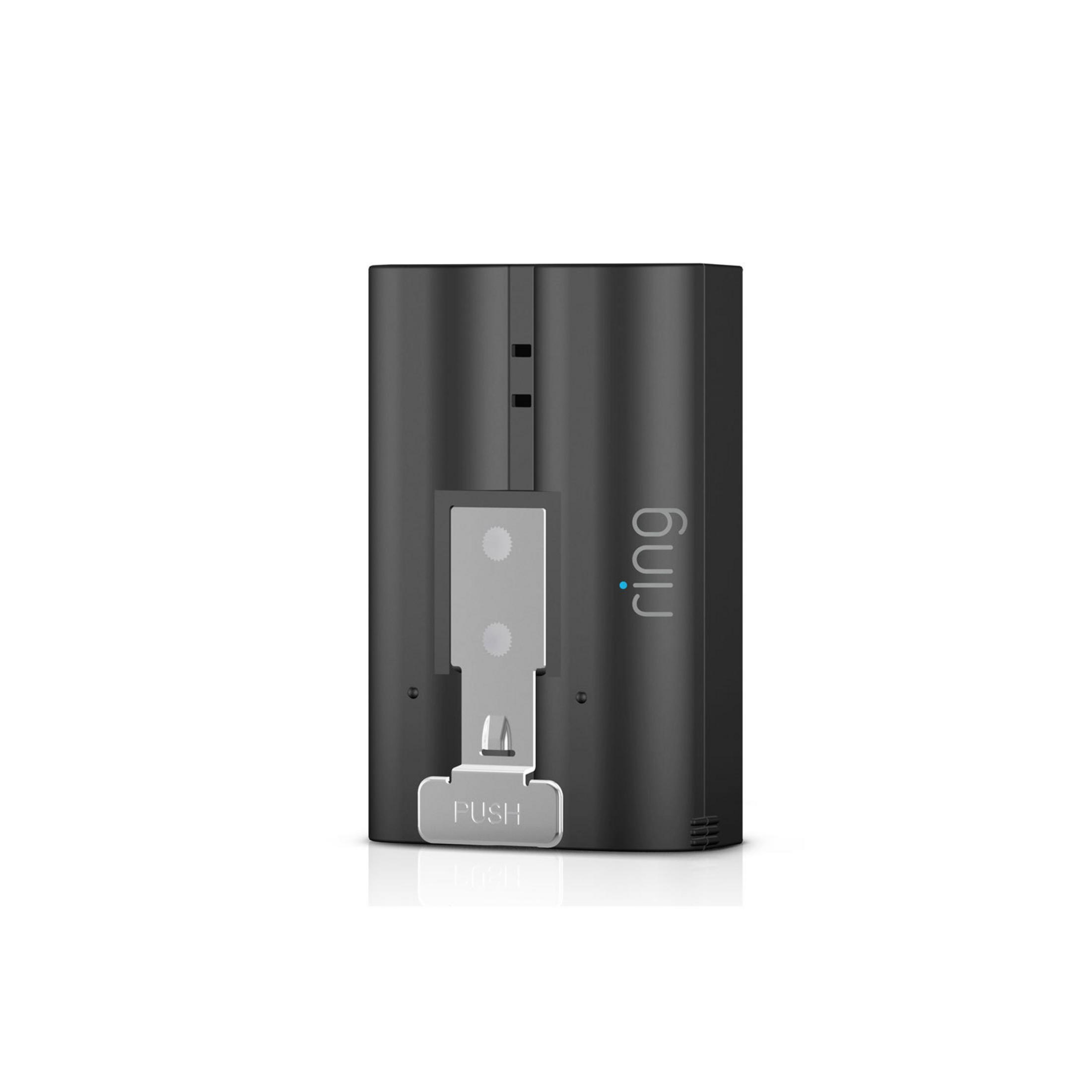 Una batteria Ring nera. È un dispositivo rettangolare con la scritta 'ring' sul lato.