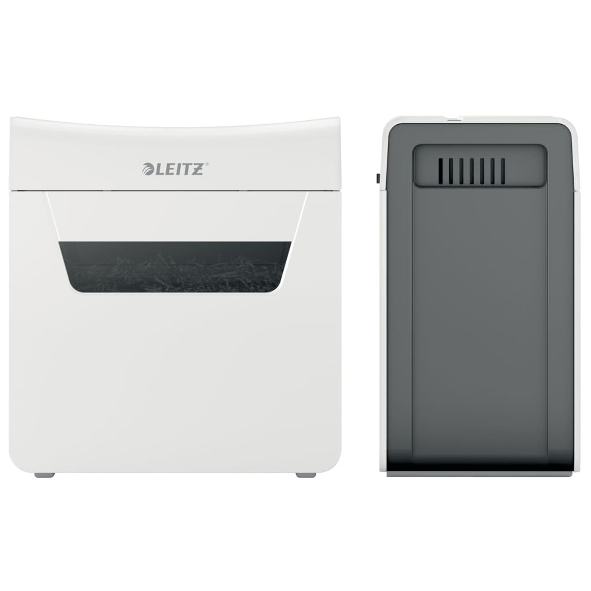 Biało-szara niszczarka papieru z logo Leitz z przodu.