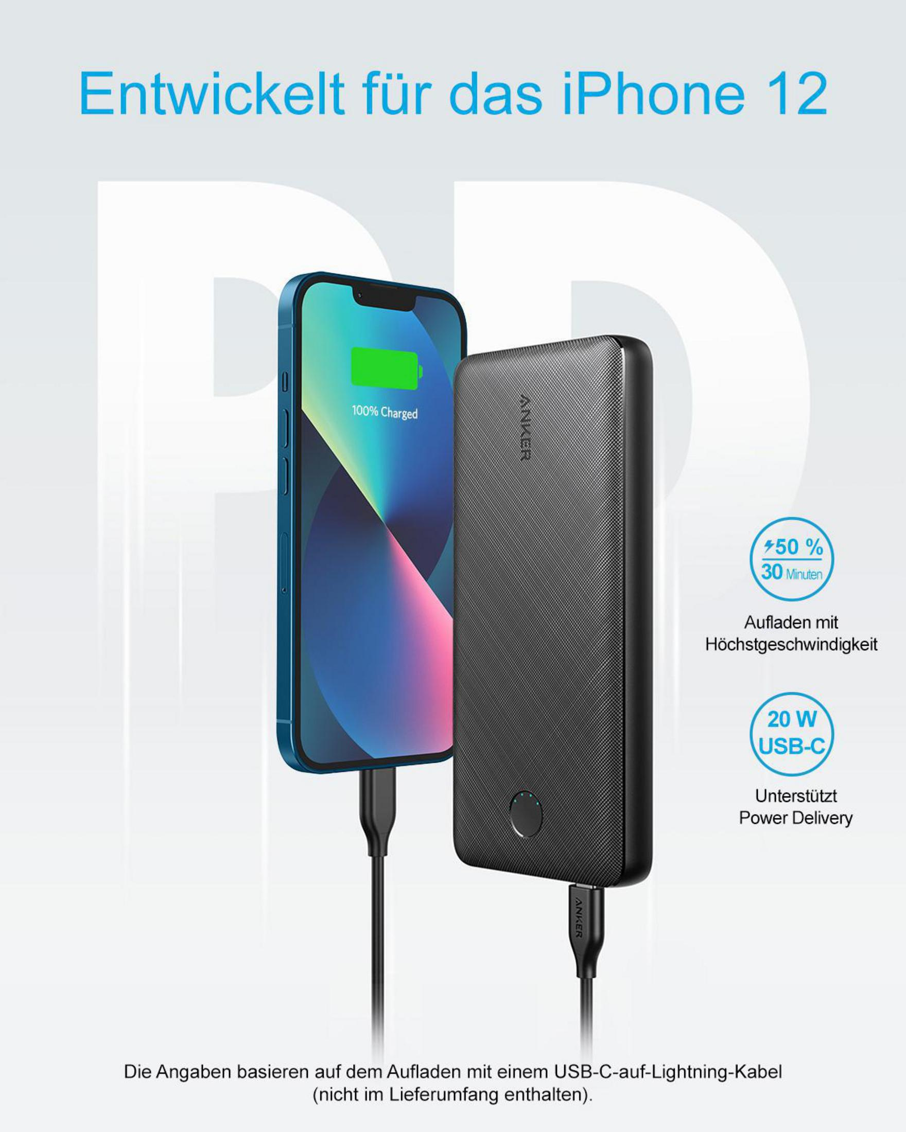 Teléfono cargando con un banco de energía. El teléfono muestra 100% de carga. El texto dice 50% en 30 minutos. Cable negro.