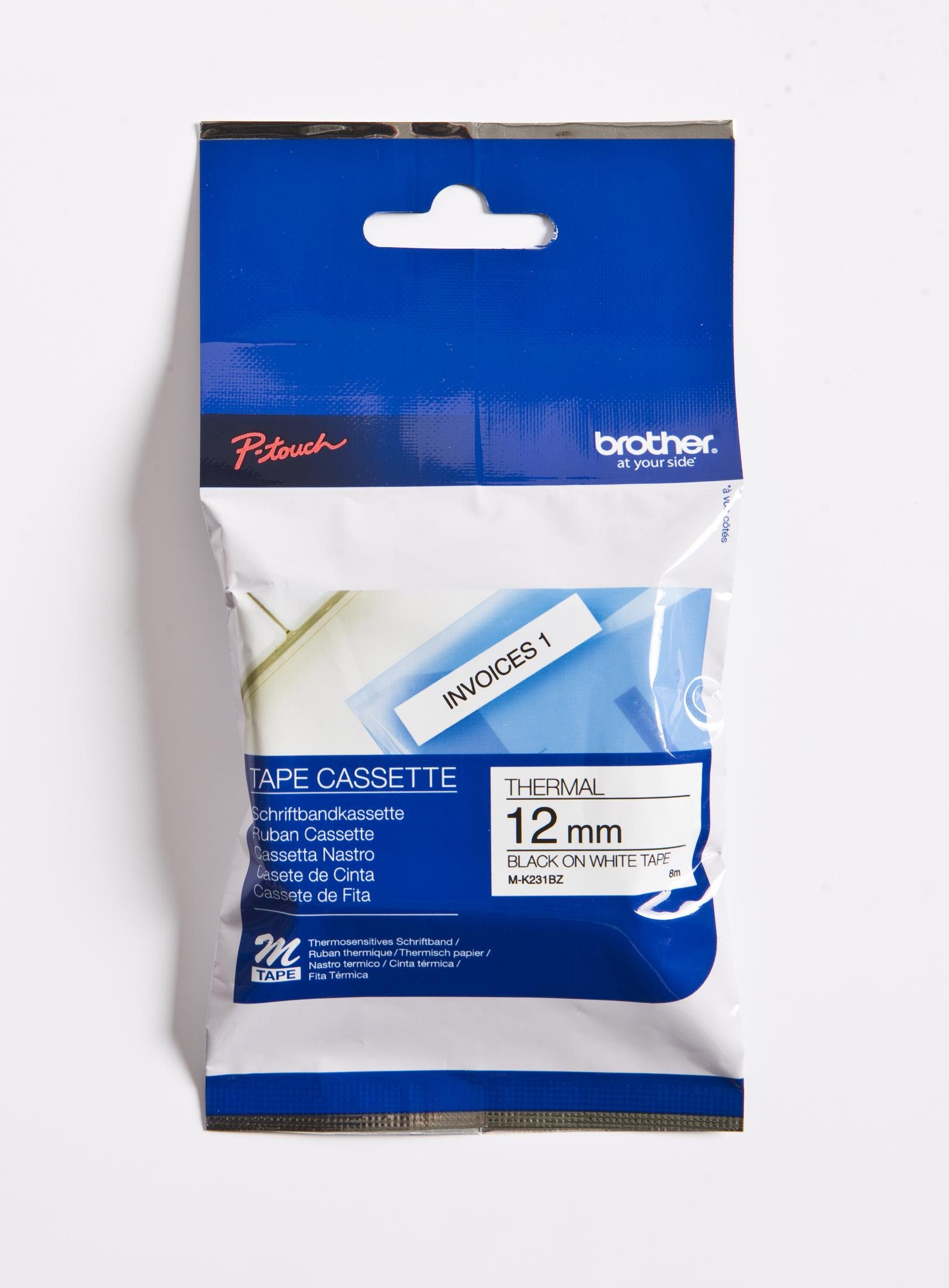 Eine blaue Etikett-Kassettenverpackung mit einem weißen Etikett mit der Aufschrift 'INVOICES 1'.