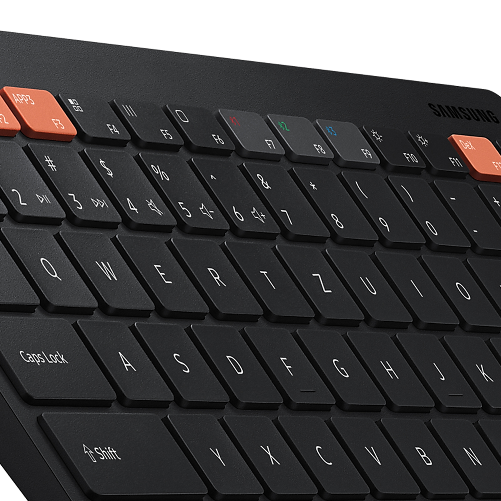 Nahaufnahme einer schwarzen Samsung-Tastatur mit orangefarbenen Funktionstasten.