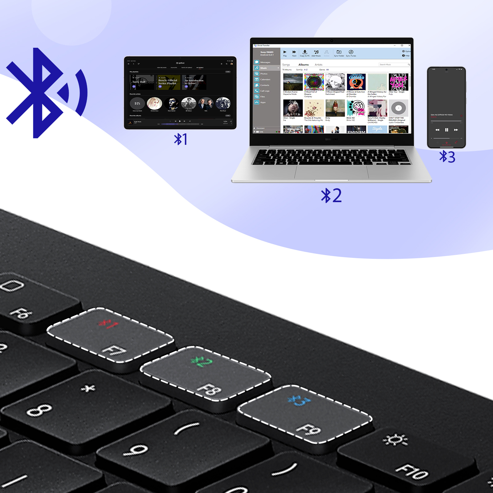 Schwarze Tastatur, die über Bluetooth mit mehreren Geräten verbunden ist.