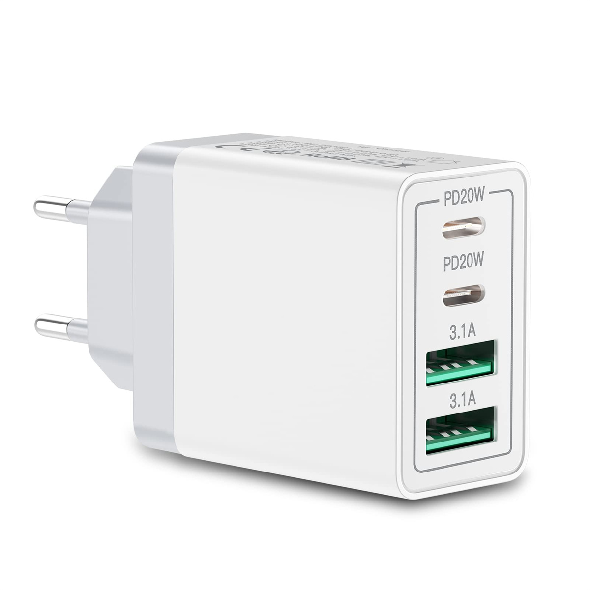 Weißes Ladegerät mit zwei USB-Anschlüssen. Es dient zum Aufladen von Geräten. Der Hintergrund ist weiß.