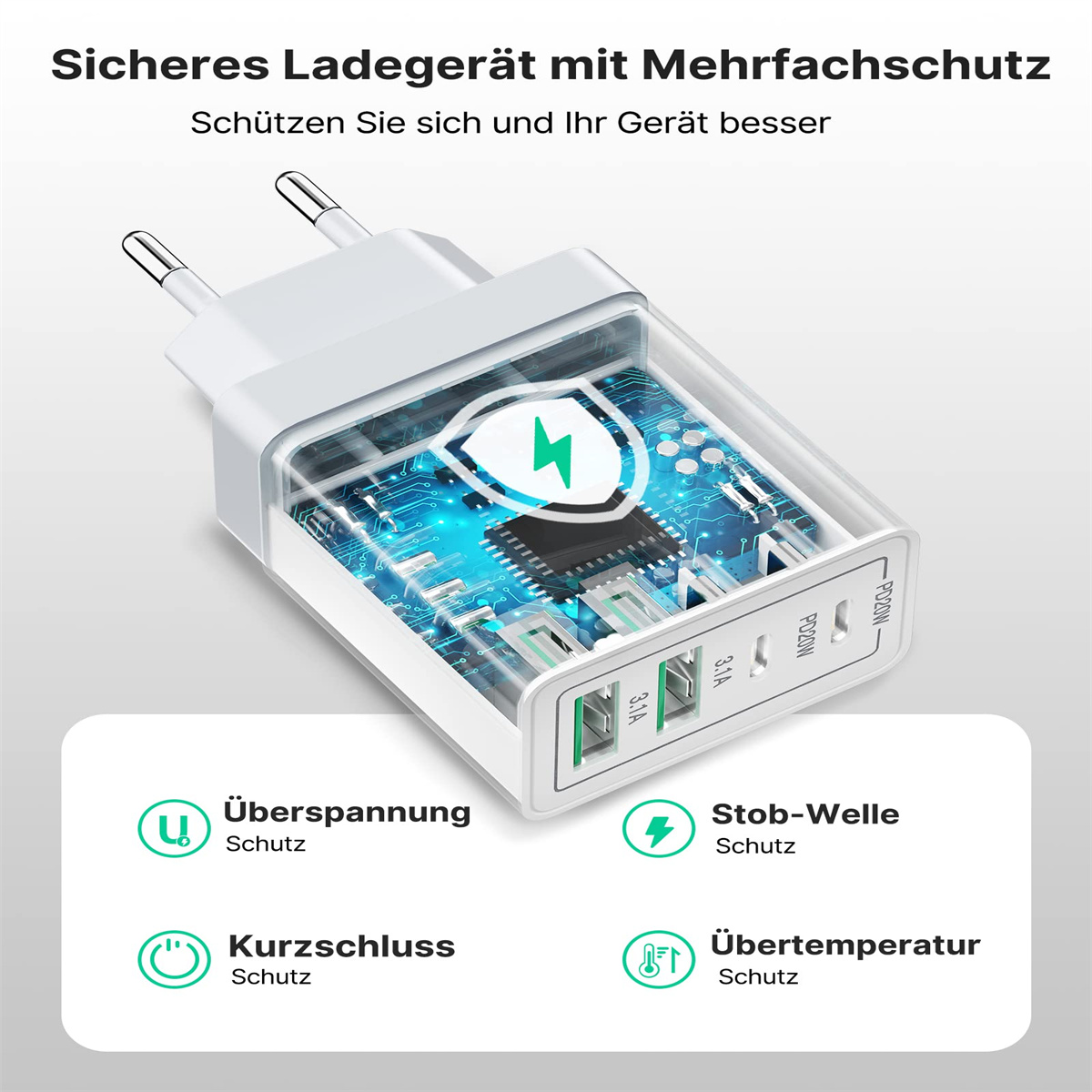 Weißes und transparentes Ladegerät mit mehreren USB-Anschlüssen, gekennzeichnet mit Sicherheitssymbolen.