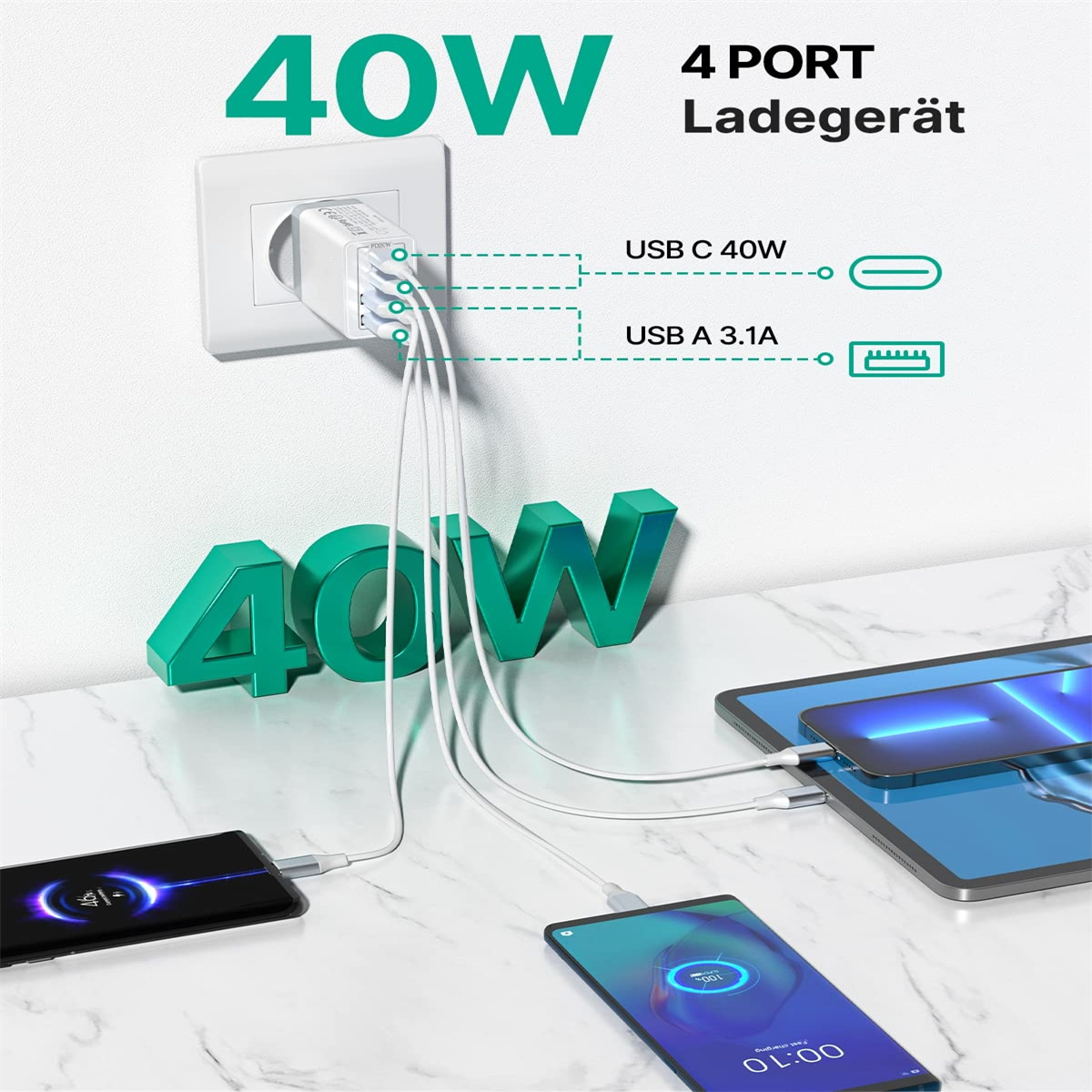 Ein 4-Port-Ladegerät mit Stecker und mehreren Ladegeräten. Das Ladegerät ist weiß.