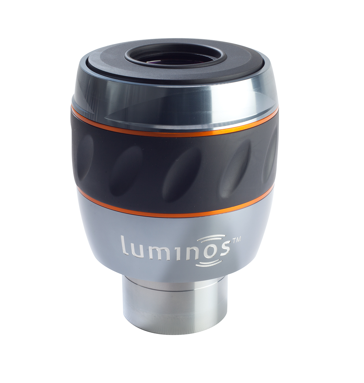 Ein zylindrisches Objektiv mit silbernem und schwarzem Gehäuse, orangem Streifen und dem Wort 'luminos'.