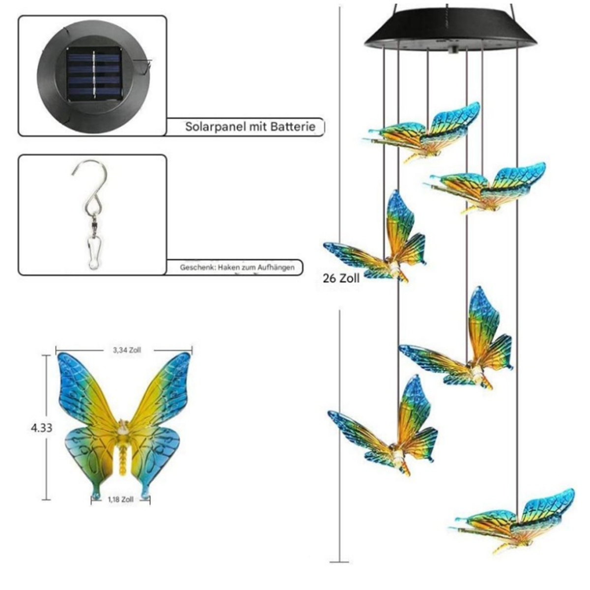 Dekorative Windspiel mit Schmetterlingen, Abmessungen, Solarpanel und Aufhängehaken.