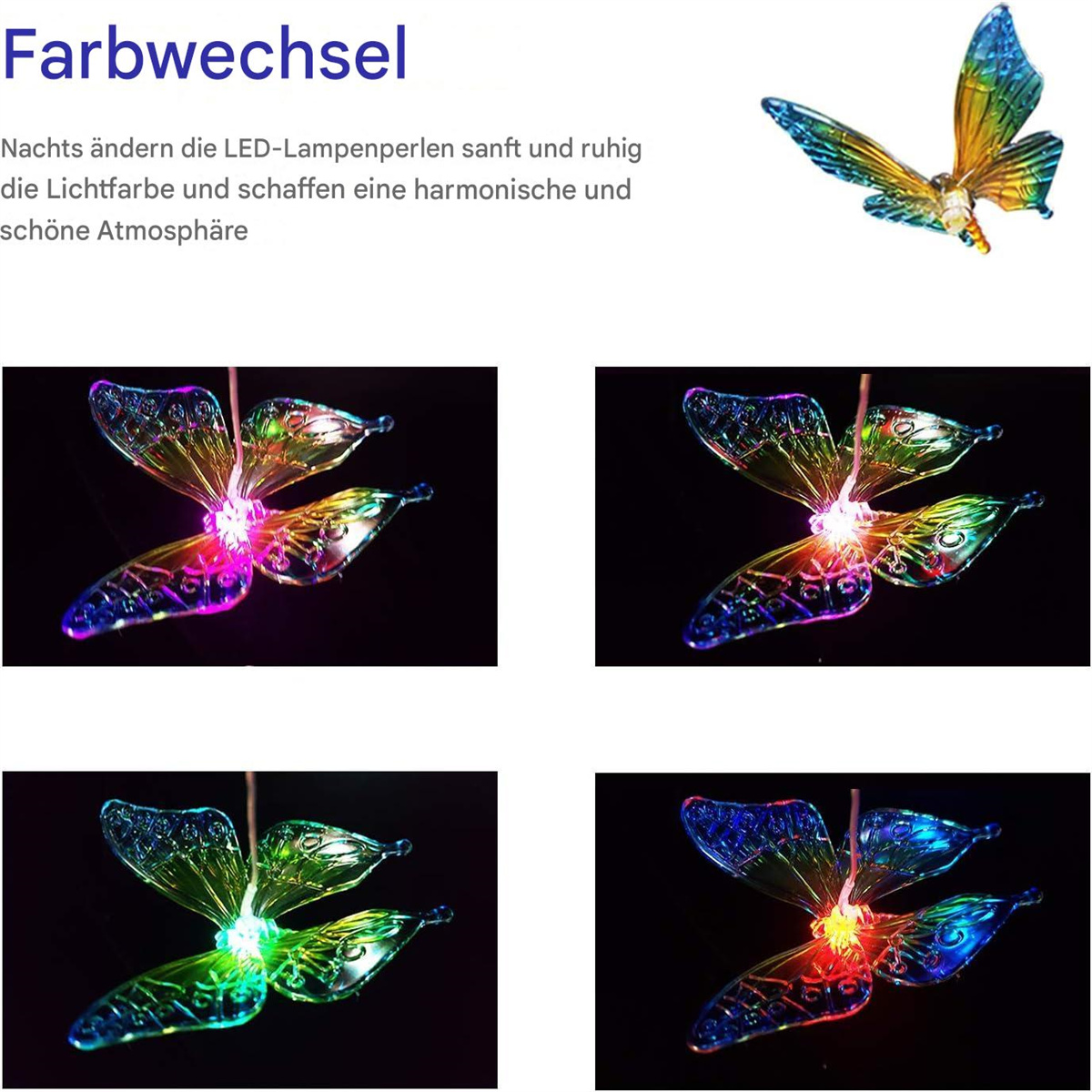 Vier schmetterlingsförmige Lichter mit wechselnden Farben. Oben ist ein einzelner Schmetterling.
