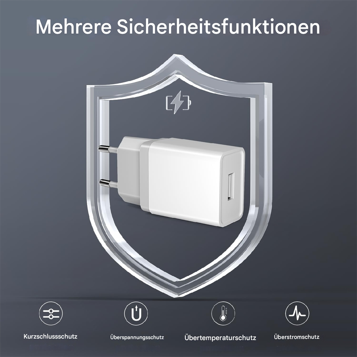 Ein weißes Ladegerät in einem Schild mit Symbolen, die mehrere Sicherheitsfunktionen zeigen, auf grauem Hintergrund.
