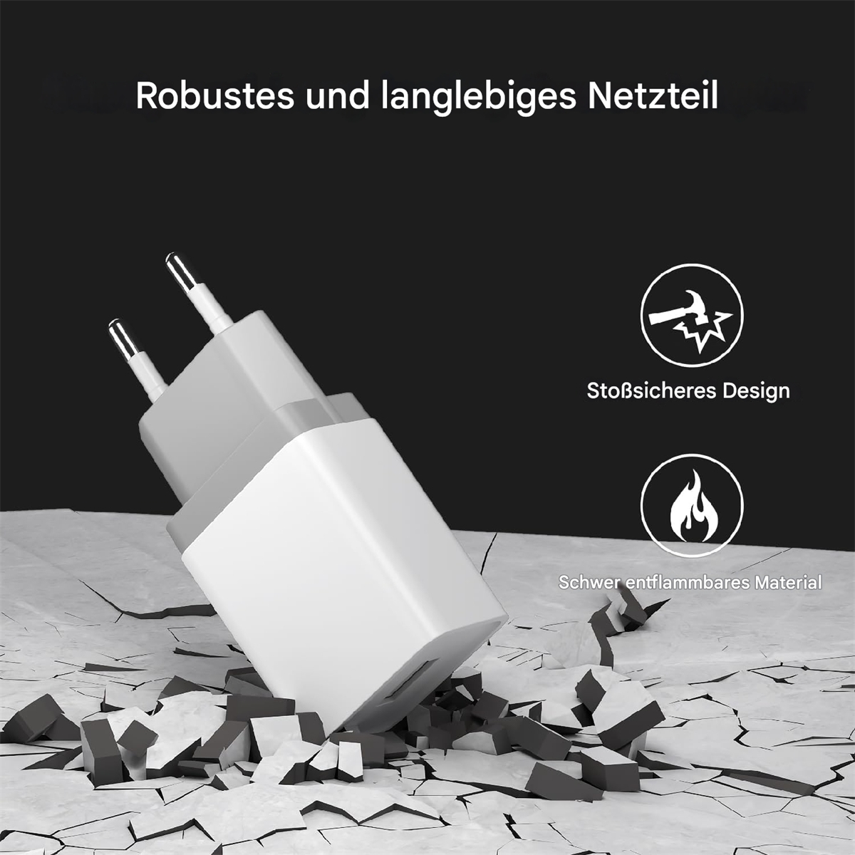 Ein weißes und graues Ladegerät mit Stecker auf zerbrochenem Beton und schwarzem Hintergrund.