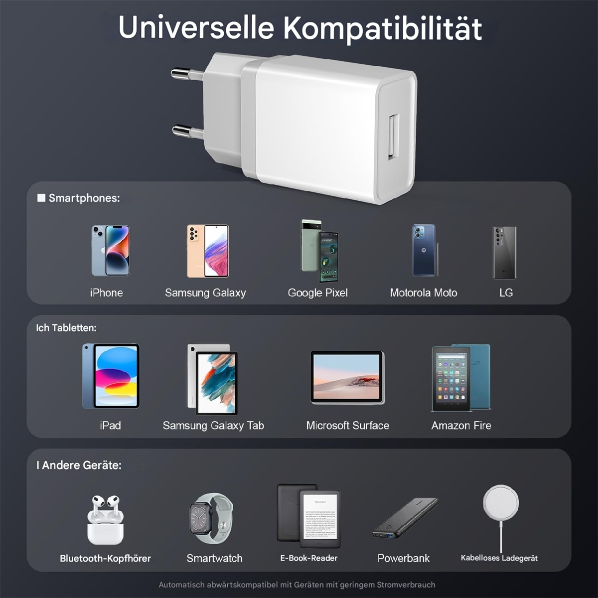 Weißes USB-Ladegerät mit verschiedenen Geräten: iPhone, Samsung Galaxy, Google Pixel, Motorola, LG, iPad usw.