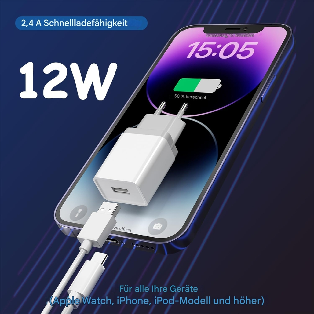 Telefon wird auf einem Tisch geladen. Weißes Ladegerät und Kabel. Telefon zeigt Ladestatus und Uhrzeit.