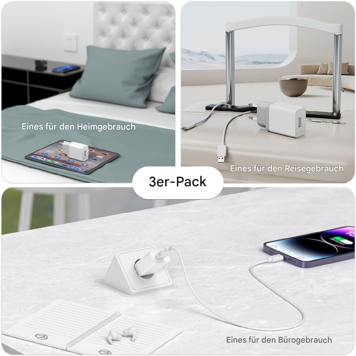 Ein 3er-Pack Ladegeräte, die zu Hause, auf Reisen und im Büro mit verschiedenen Geräten verwendet werden.