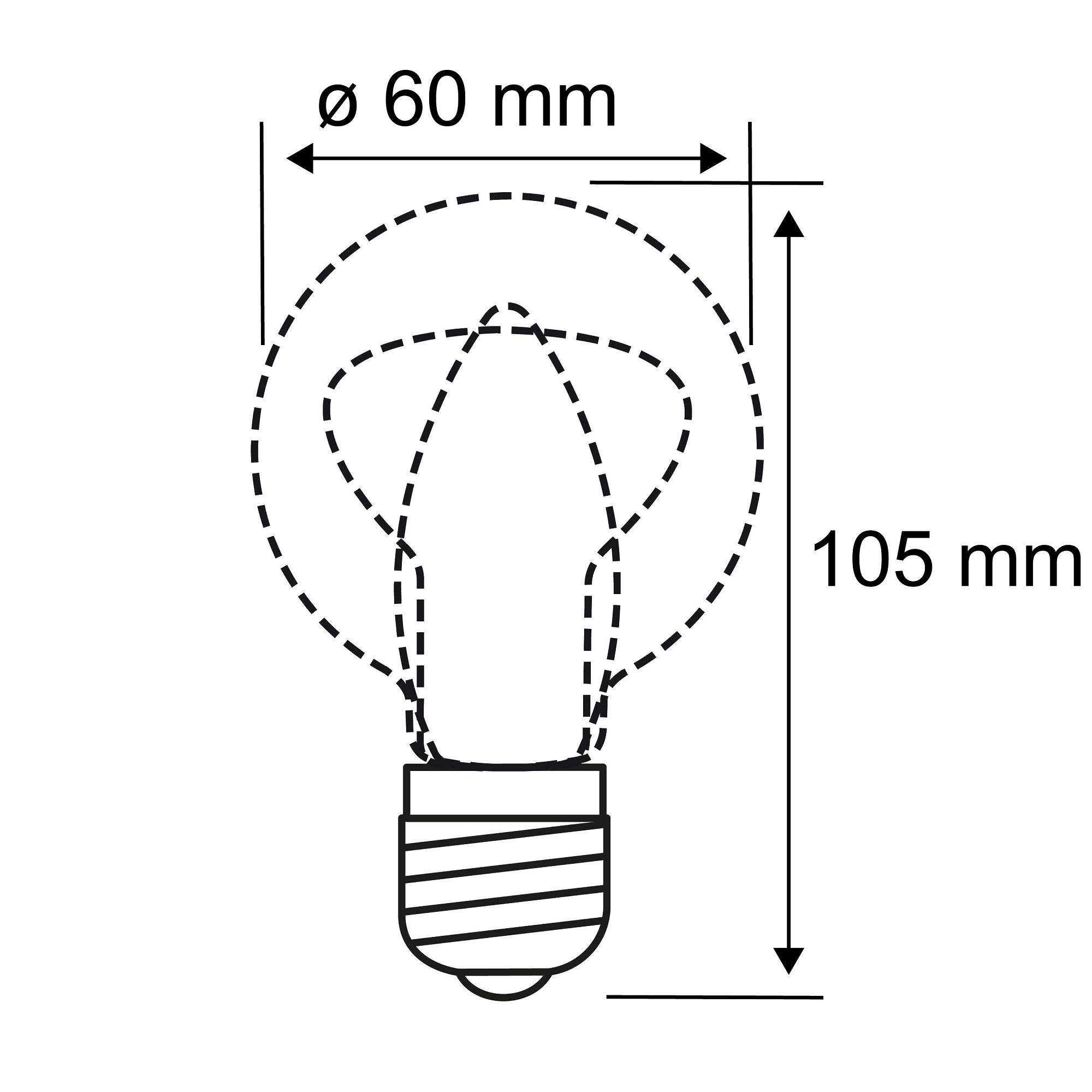 Diagramm einer Glühbirne mit den Maßen 60 mm x 105 mm.