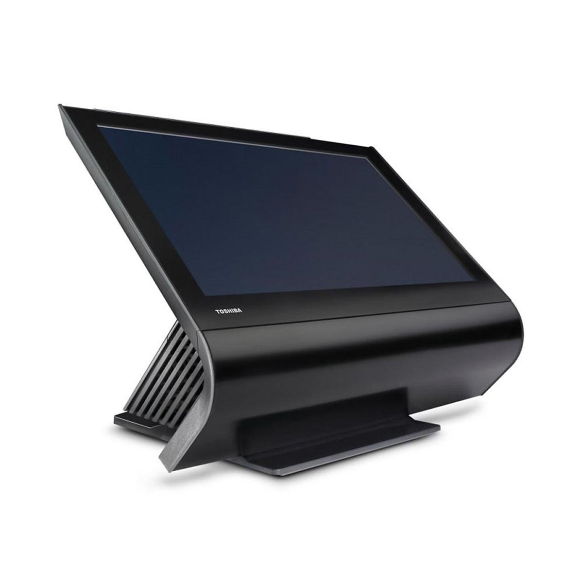 Czarny monitor dotykowy Toshiba. Jest uniesiony do góry na cokole.