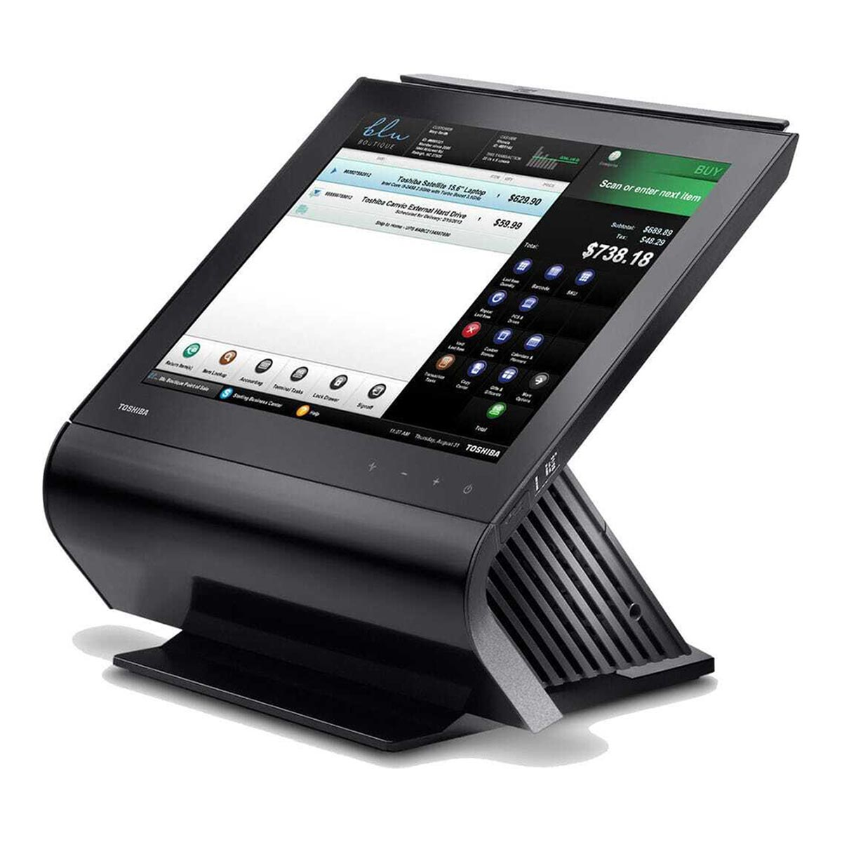 Czarny terminal POS z ekranem dotykowym wyświetlającym podsumowanie transakcji.