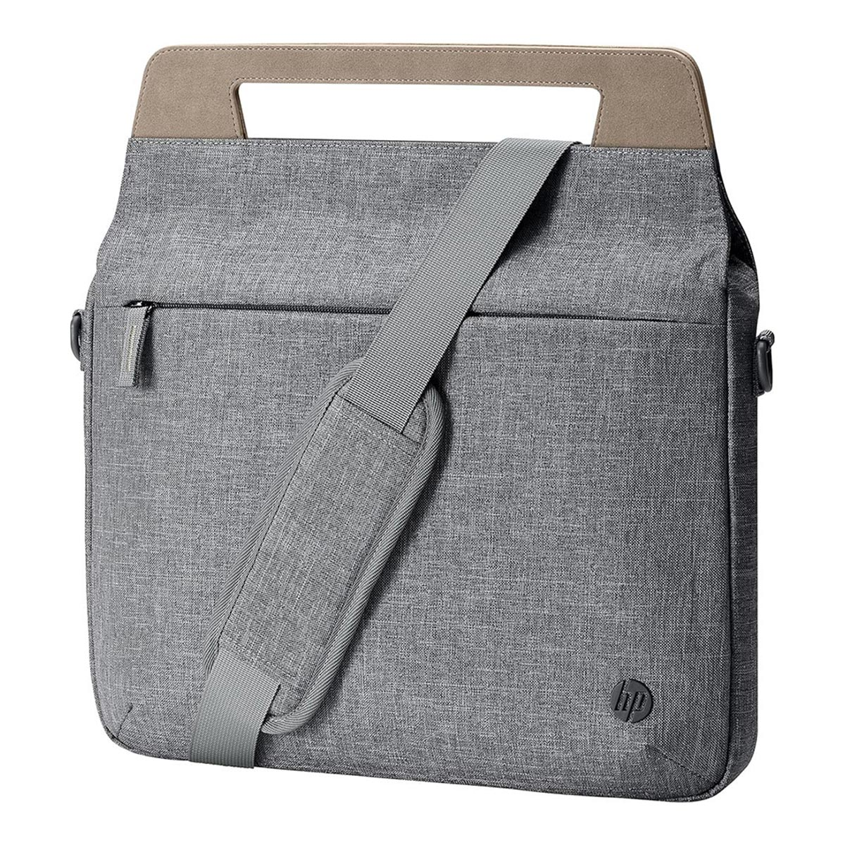 Szara torba na laptopa z uchwytem i paskiem na ramię.