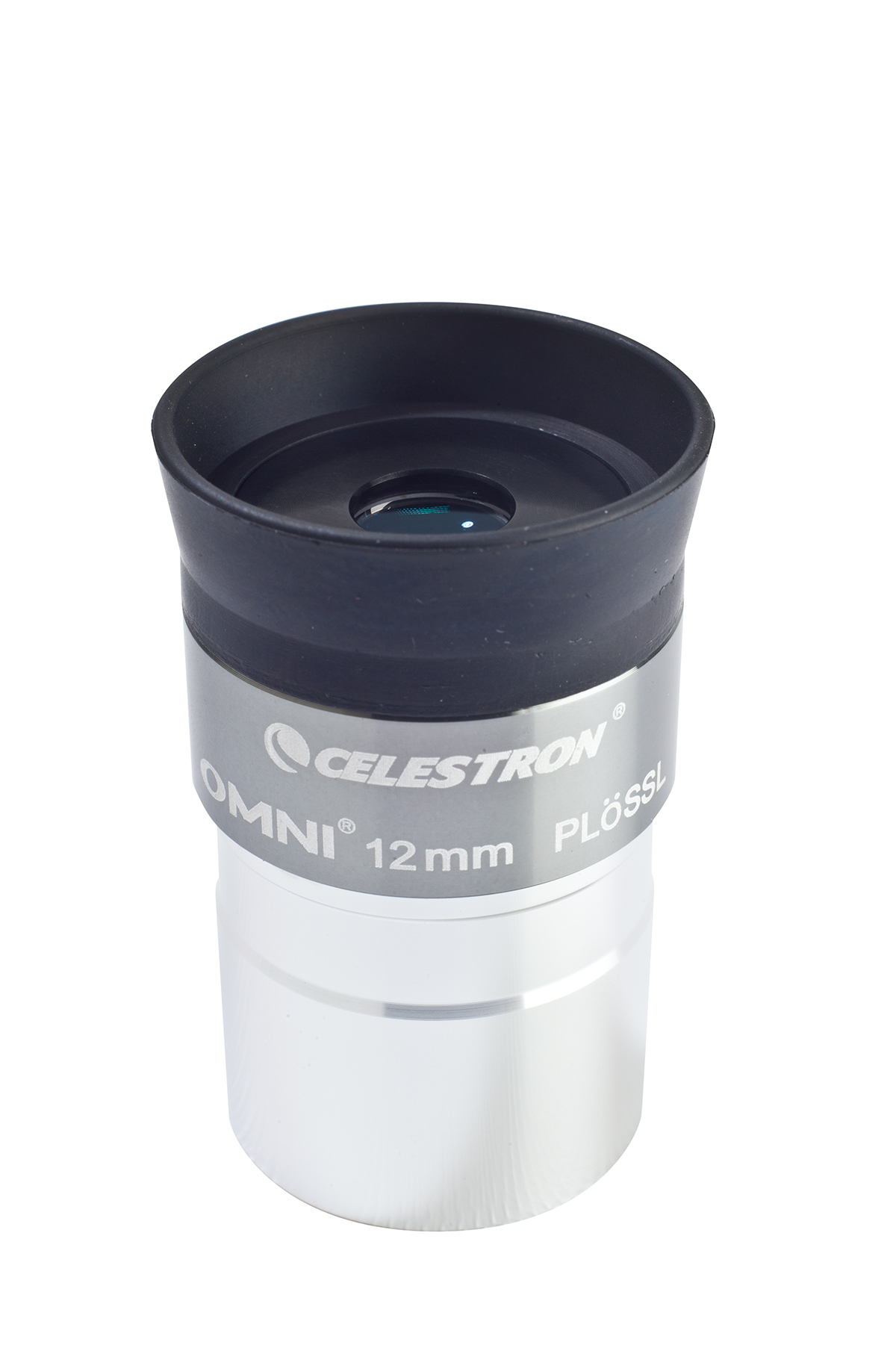 Teleskop-Okular. Silber und Schwarz, Omni Celestron Plossl 12mm steht darauf. Weißer Hintergrund.