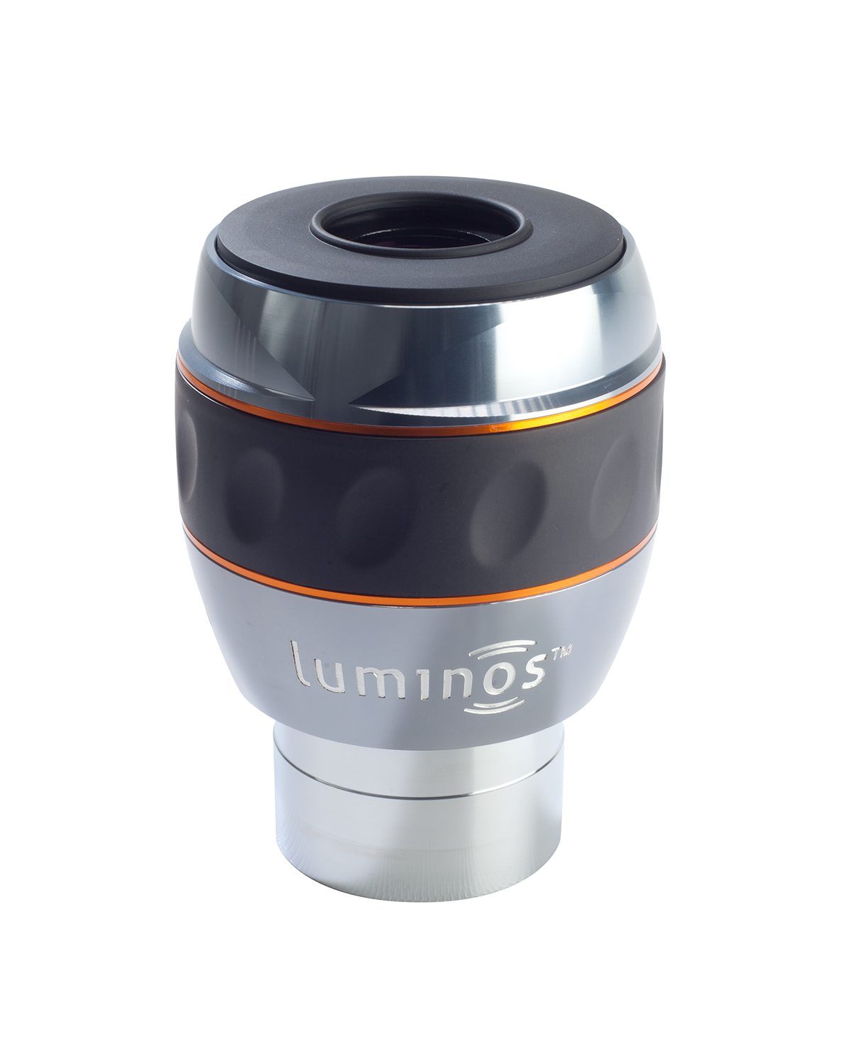 Ein silbernes und schwarzes zylindrisches Gerät mit dem Wort "luminOS".