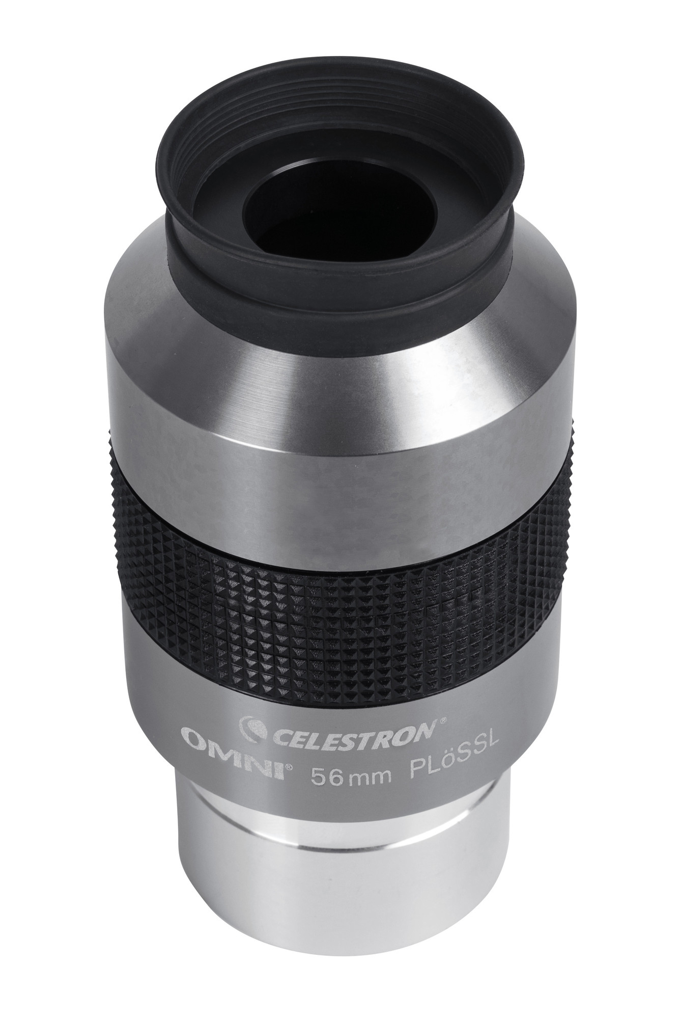 Silber-schwarzes Celestron Omni 56mm Plössl Okular. Text an der Seite.